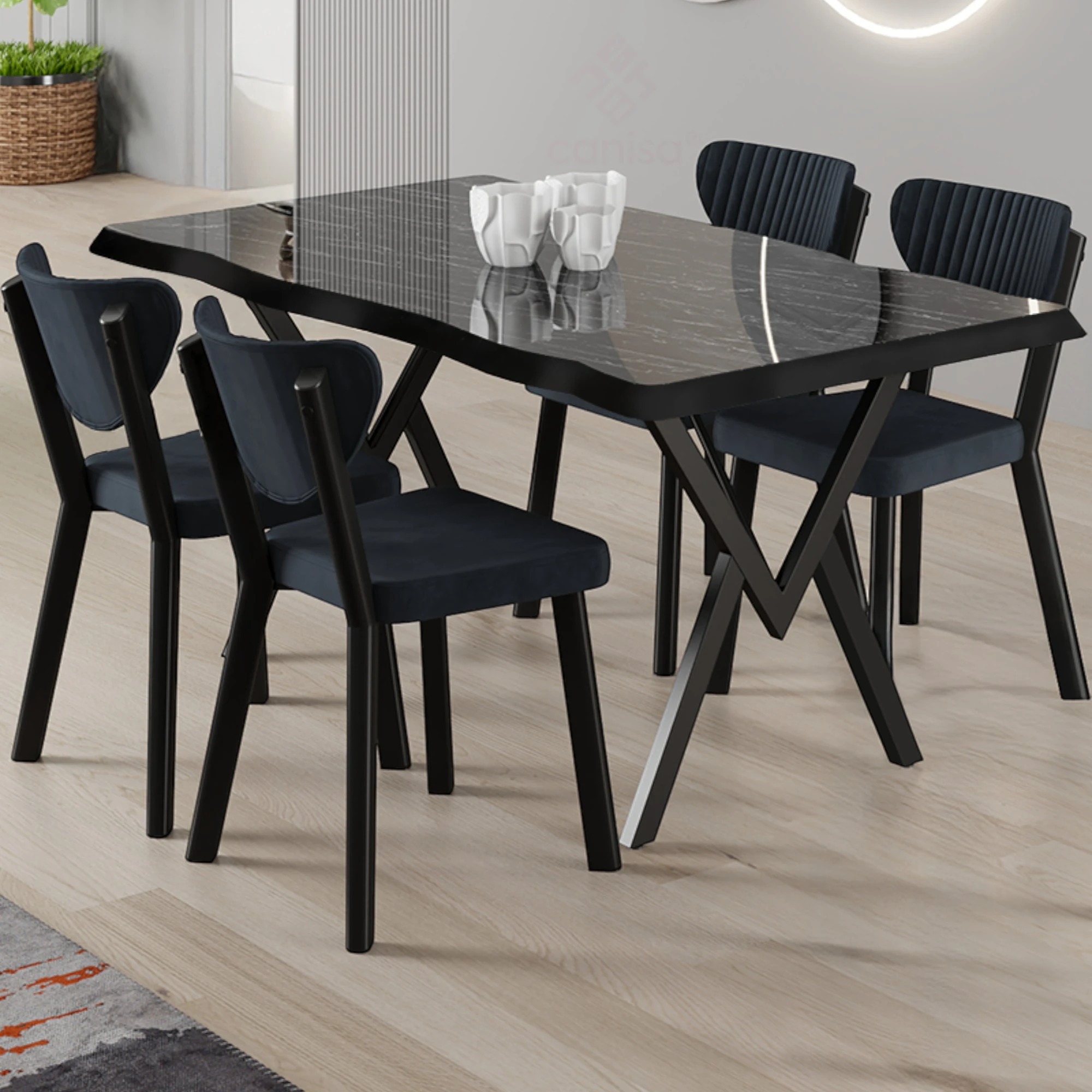 Siyah Mermer Desen Masa Antrasit Sandalye