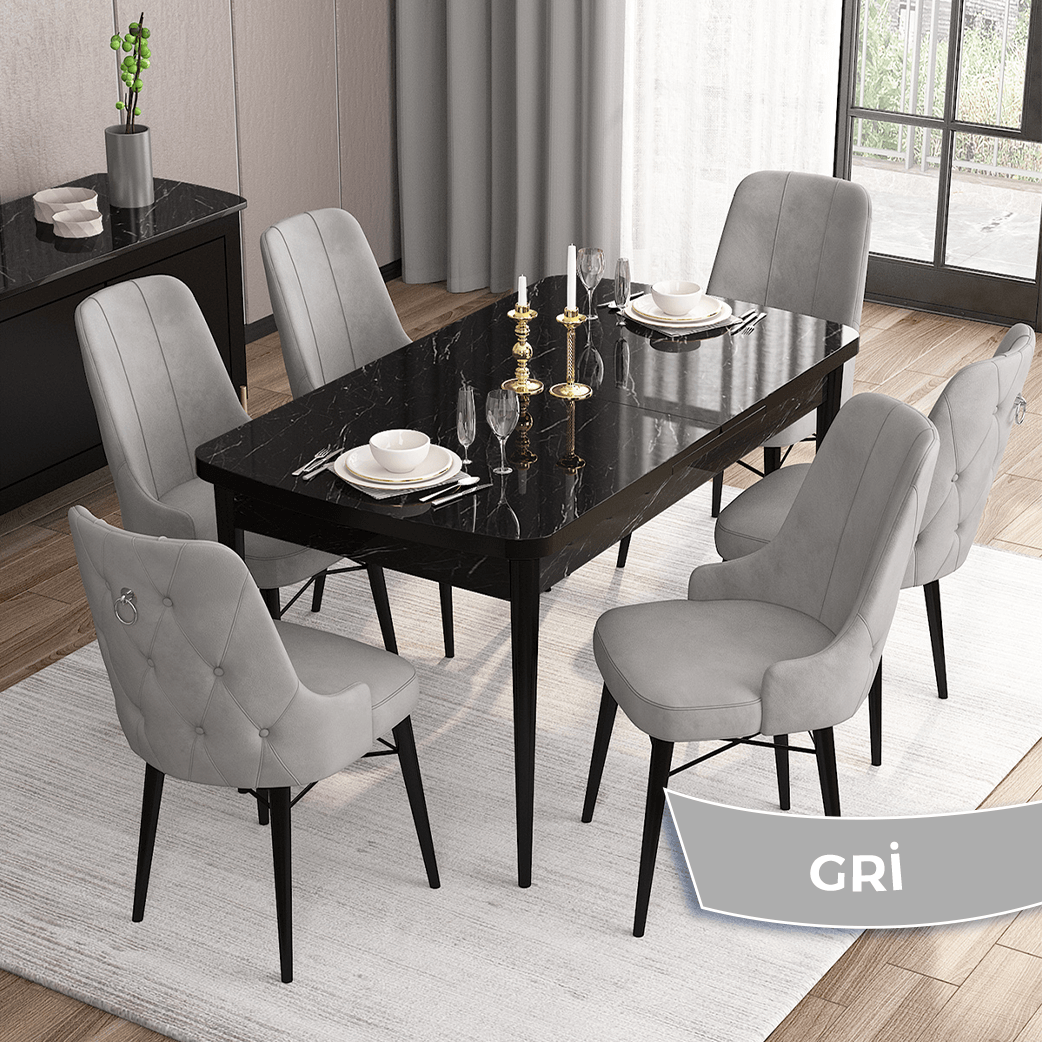 Are Serisi 80x132 Mdf Açılabilir Gümüş Halka Siyah Mermer Desen Masa Takımı Ve 6 Sandalye