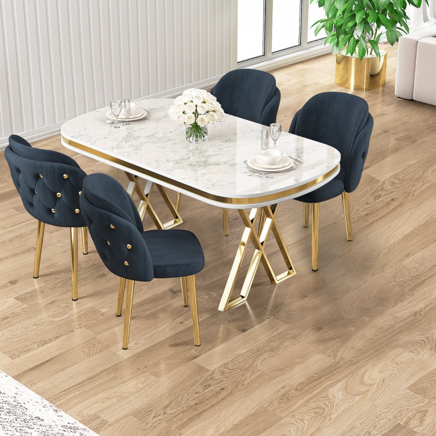 Zae Serisi 90x168 Lak Panel Beyaz Mermer Desen Gold Ayak Masa Takımı 4 Sandalye