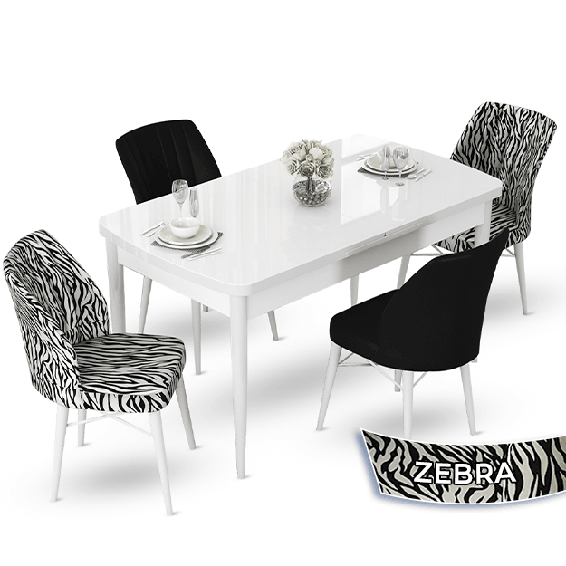 masa siyah mermer desen 2 siyah 2 zebra sandalye