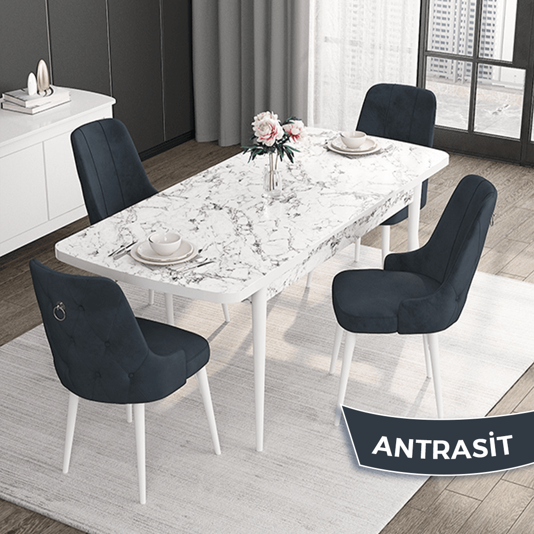 Noa Serisi 80x132 Mdf Açılabilir Gümüş Halka Beyaz Mermer Desen Masa Takımı Ve 4 Sandalye