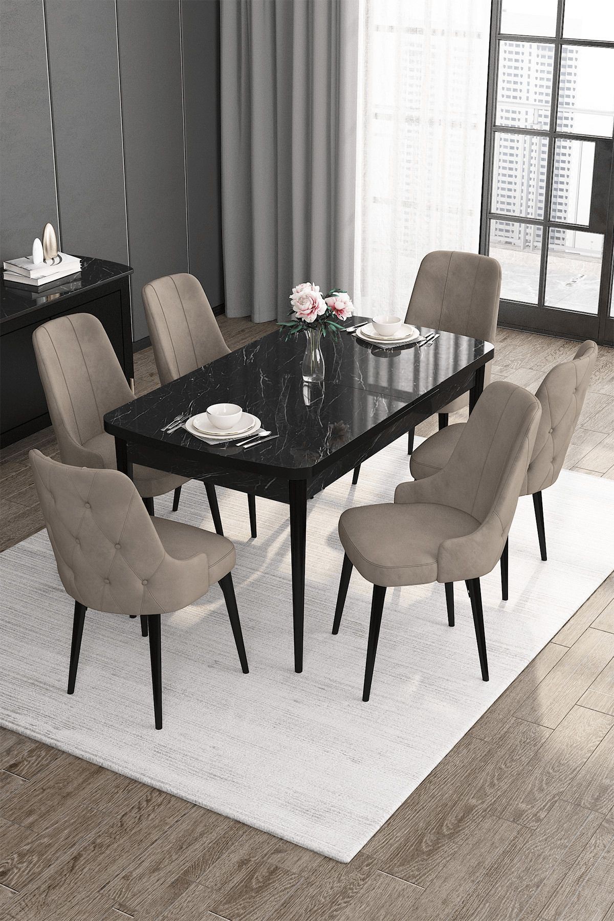 Roy Serisi 80x132 Mdf Açılabilir Siyah Mermer Desen Masa Takımı Ve 6 Sandalye