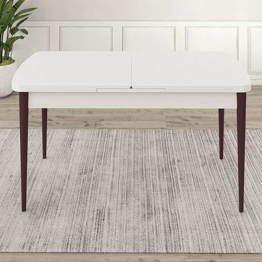 Are Serisi 80x132 Mdf Açılabilir Gümüş Halka Beyaz Masa Ceviz Ayak Masa Takımı 4 Sandalye Ve 1 Bench