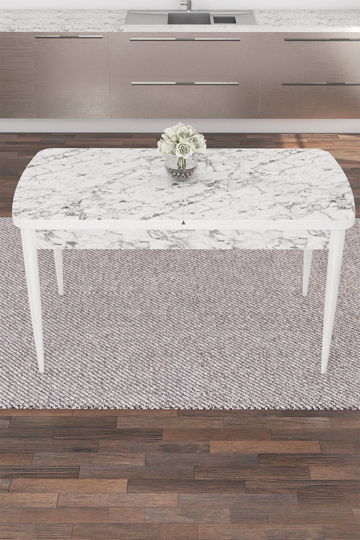 Noa Serisi 80x132 Mdf Açılabilir Gümüş Halka Beyaz Mermer Desen Masa Takımı Ve 4 Sandalye