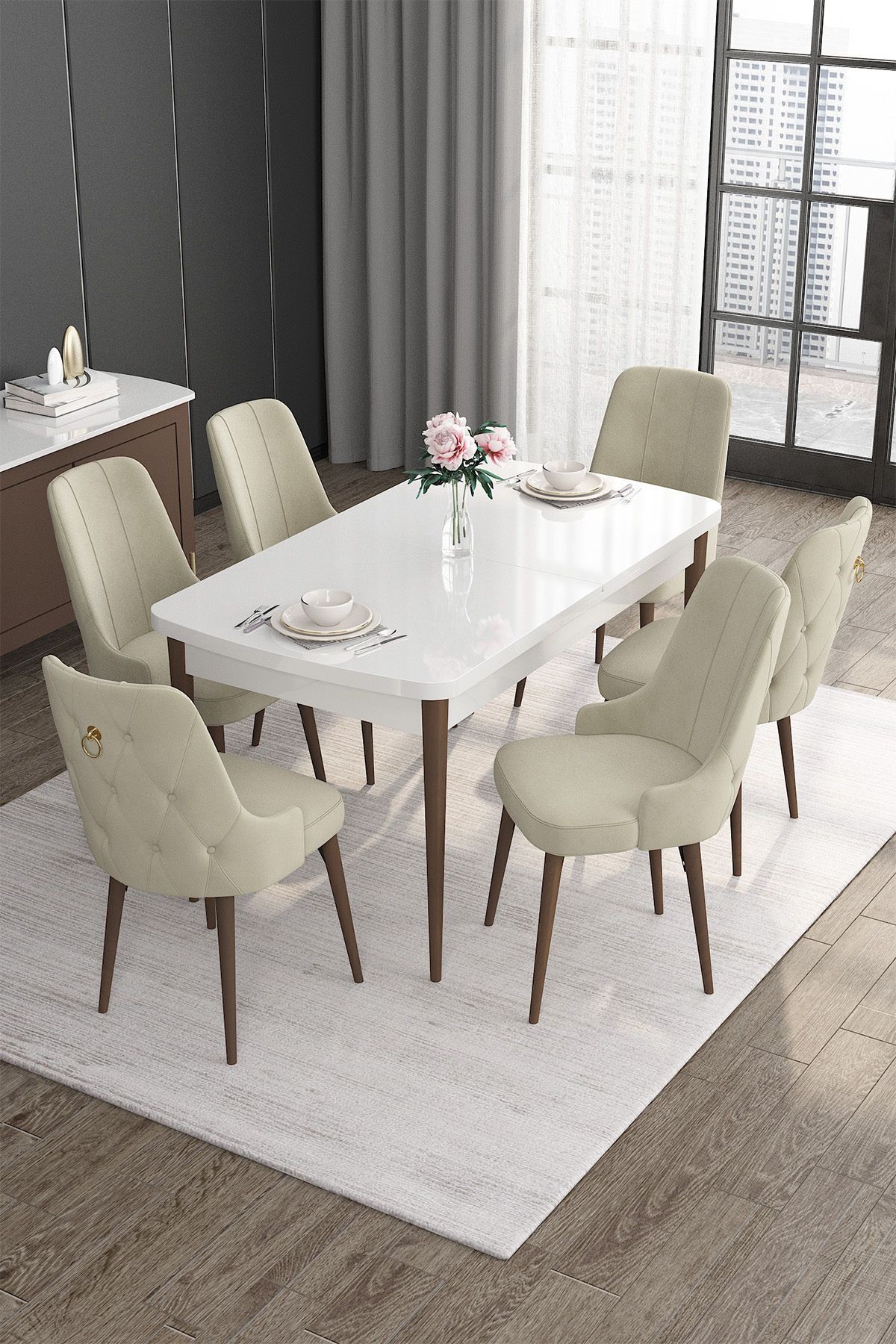 Noa Serisi 80x132 Mdf Açılabilir Gold Halka Beyaz Masa Ceviz Ayak Masa Takımı Ve 6 Sandalye