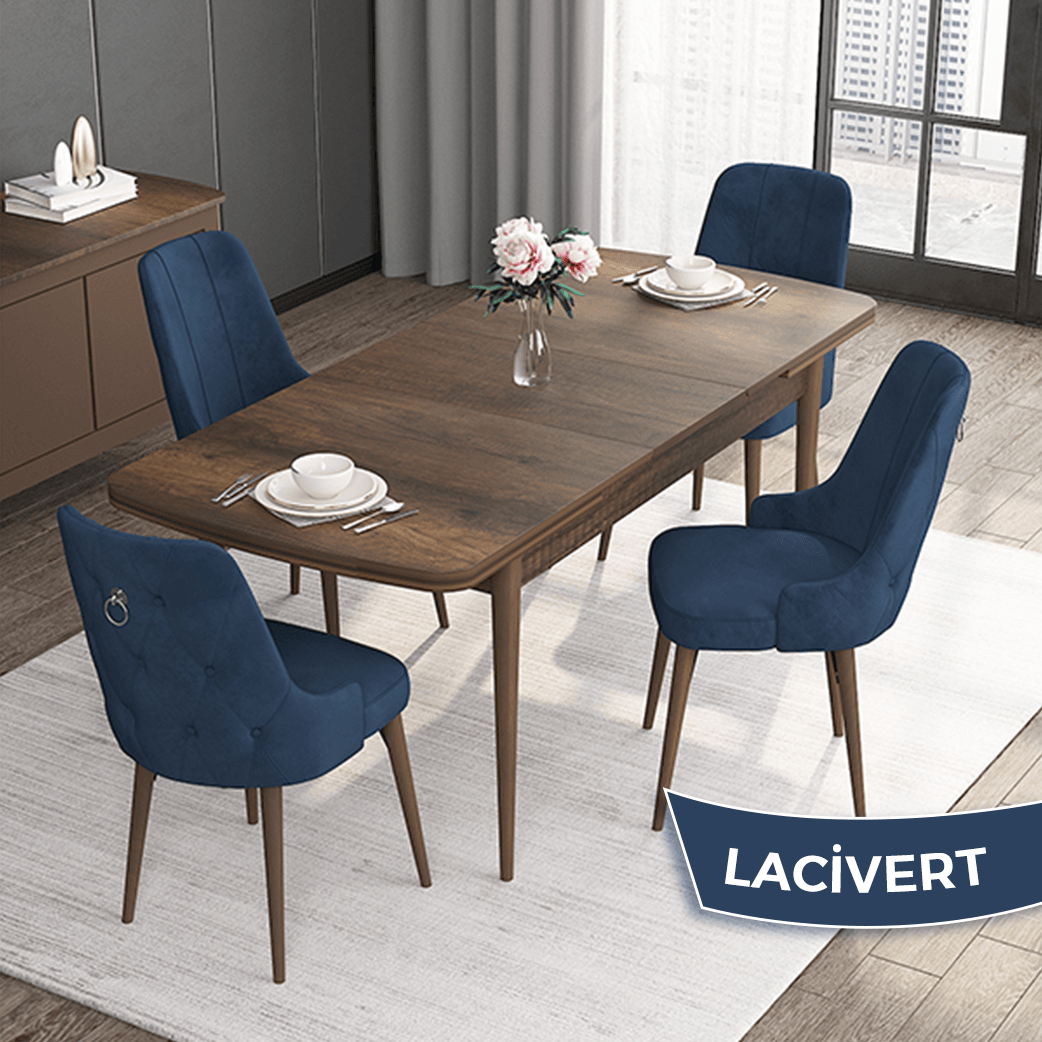 barok ahşap desen masa sandalyeler lacivert