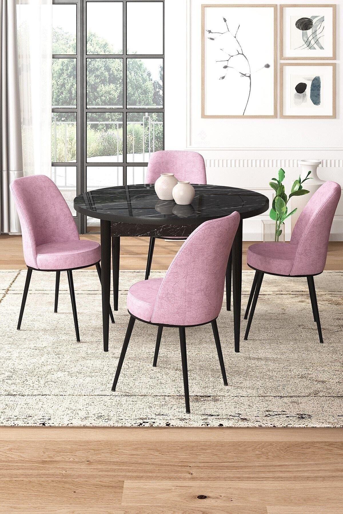 Pembe Sandalye Siyah Mermer Desen Masa