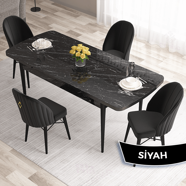 Roz Serisi 80x132 Mdf Açılabilir Gold Halka Siyah Mermer Desen Masa Takımı Ve 4 Sandalye