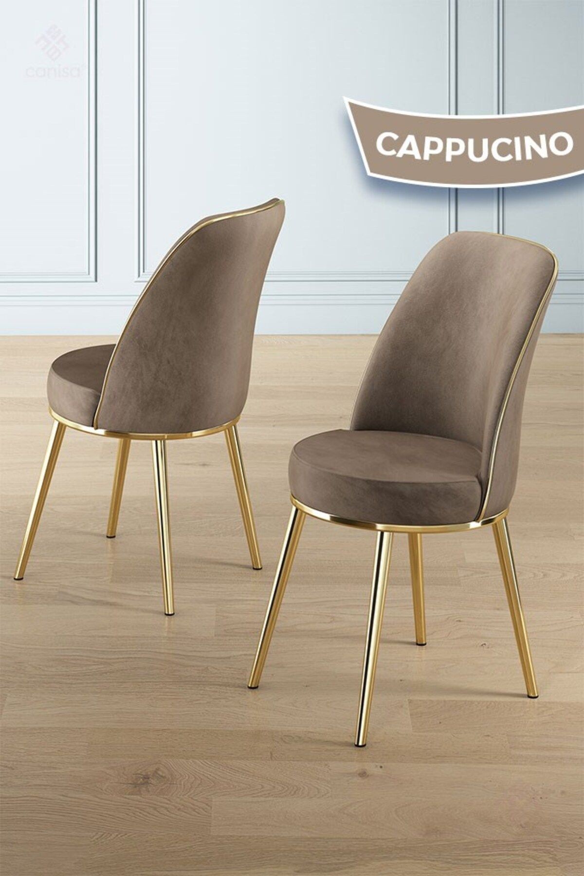 Rewa Serisi 70x110 Sabit Siyah Mermer Desen Gold Detay Masa Takımı ve 4 Cappucino Sandalye