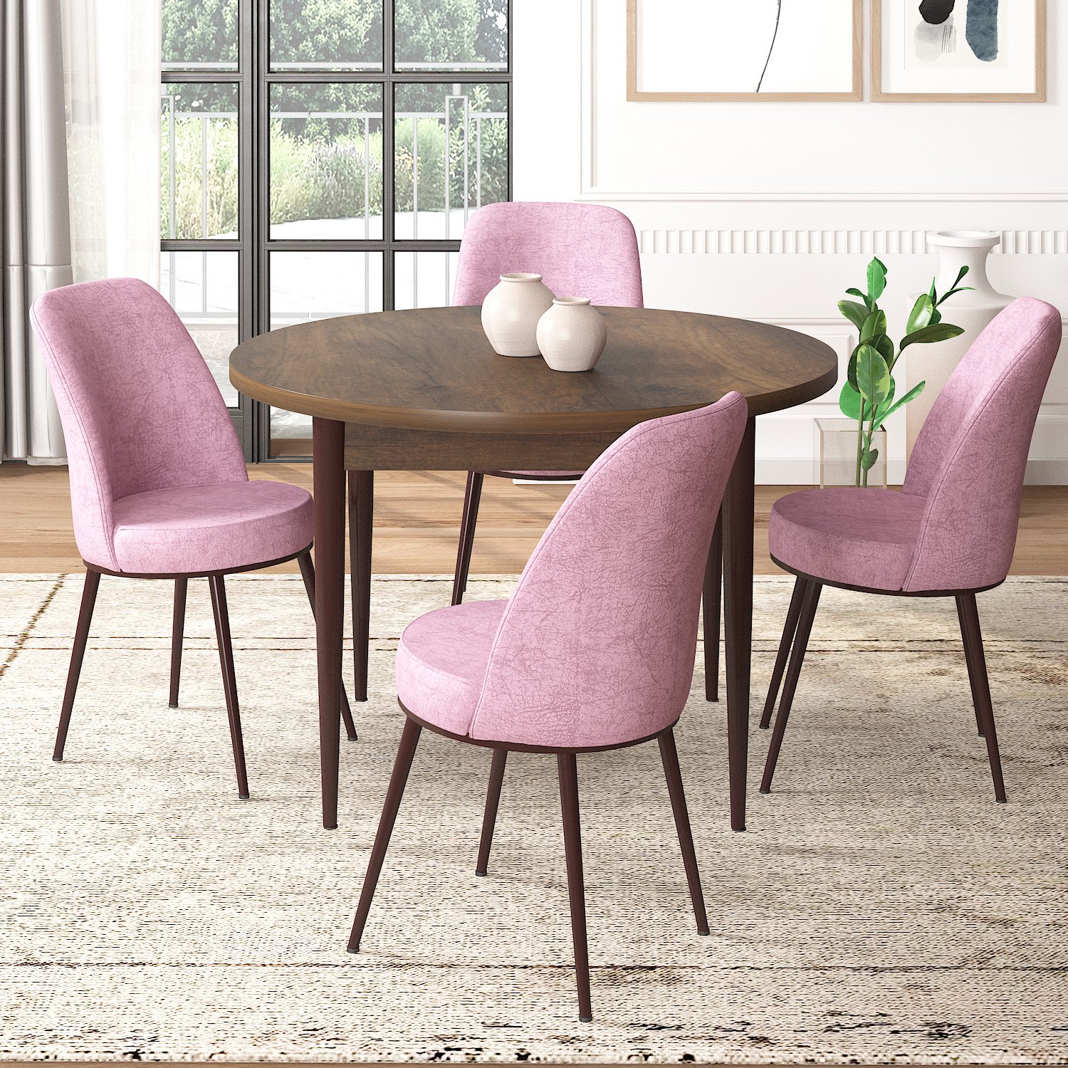 barok ahşap desen masa, pembe sandalye