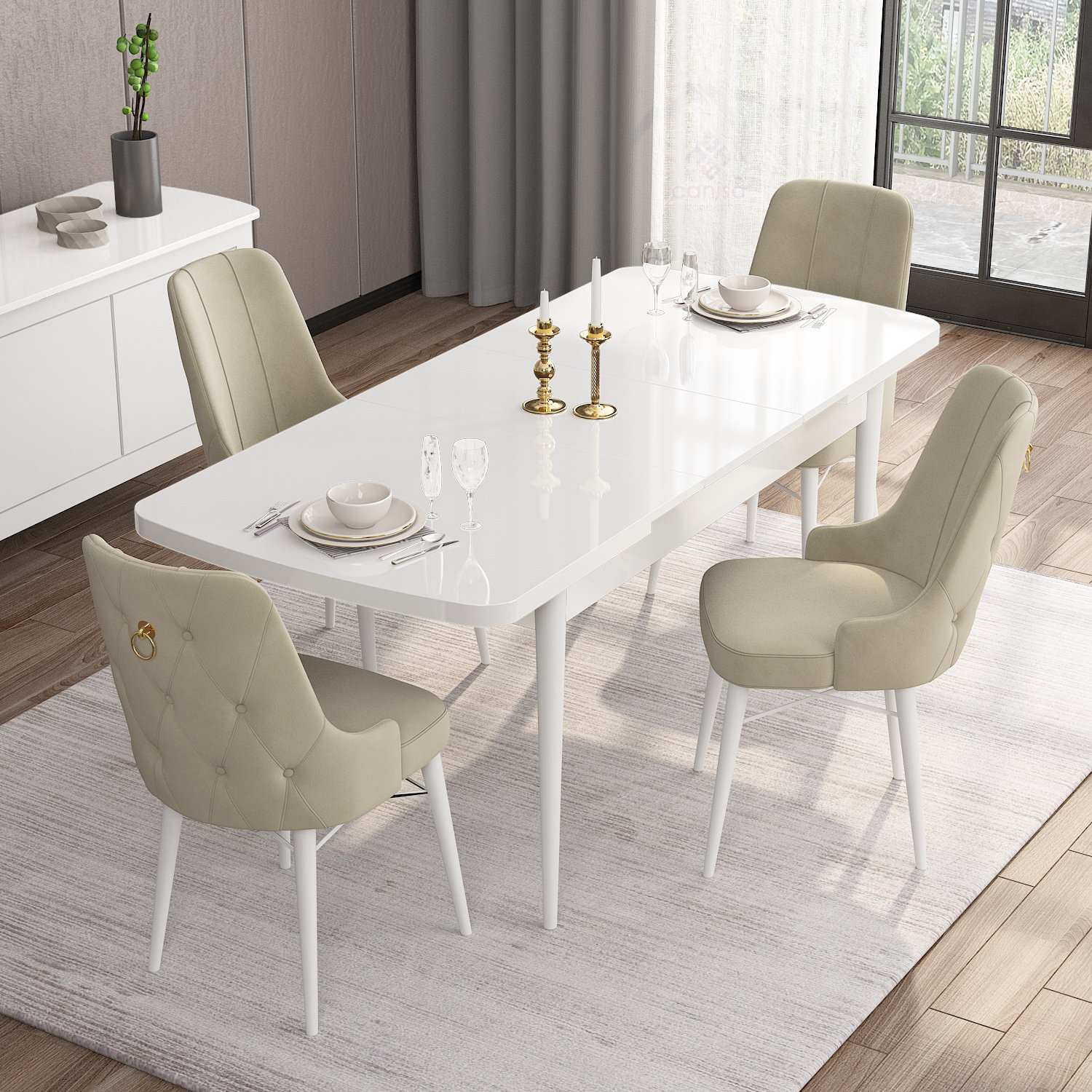 Are Serisi 80x132 Mdf Açılabilir Gold Halka Beyaz Masa Takımı Ve 4 Sandalye