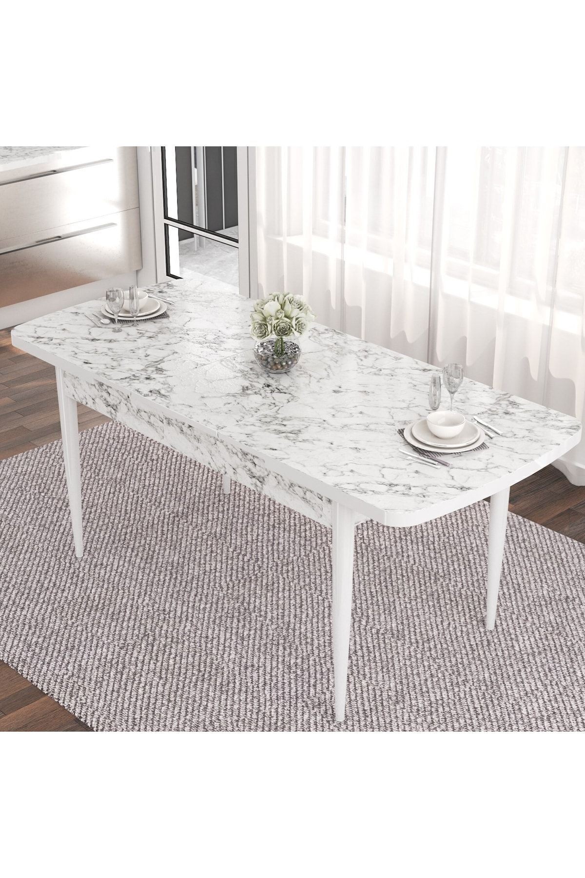 Taç Serisi 80x132 Açılabilir Gümüş Halka Beyaz Mermer Desen Masa Takımı ve 6 Sandalye