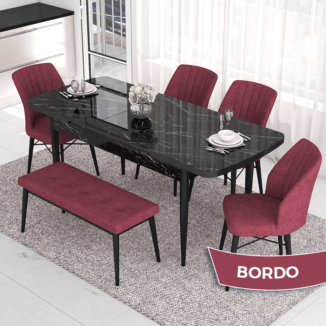 masa siyah mermer desen sandalyeler ve bench bordo