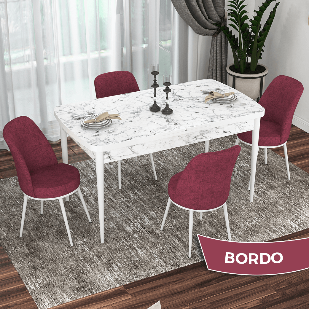 masa beyaz mermer desen sandalye bordo
