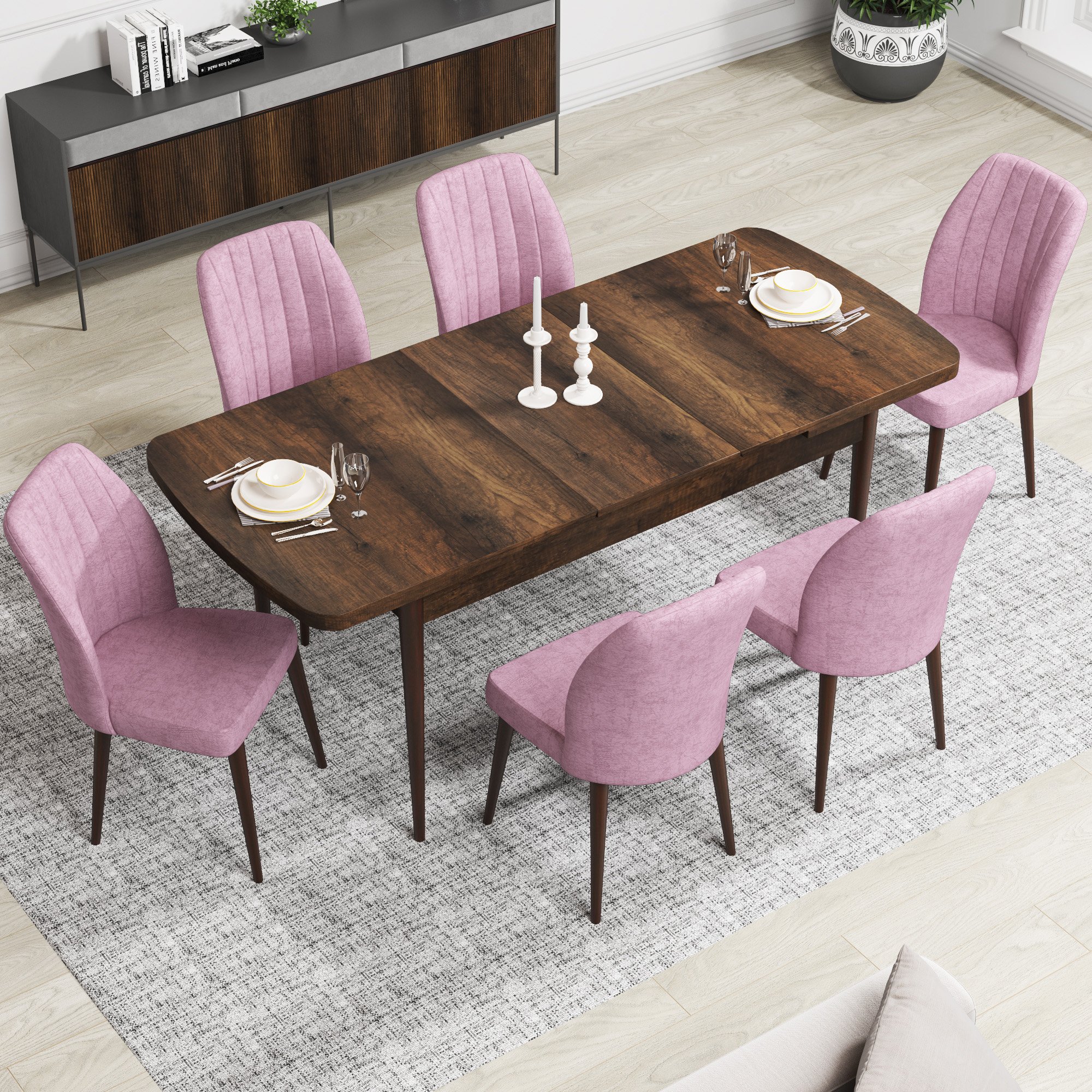 Barok Ahşap Desen Masa Pembe Sandalye