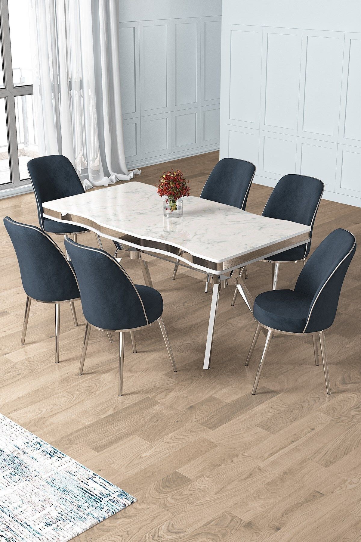 Prah Serisi 90x160 Lak Panel Beyaz Mermer Desen Masa ve 6 Sandalye Krom Kaplama Ayak