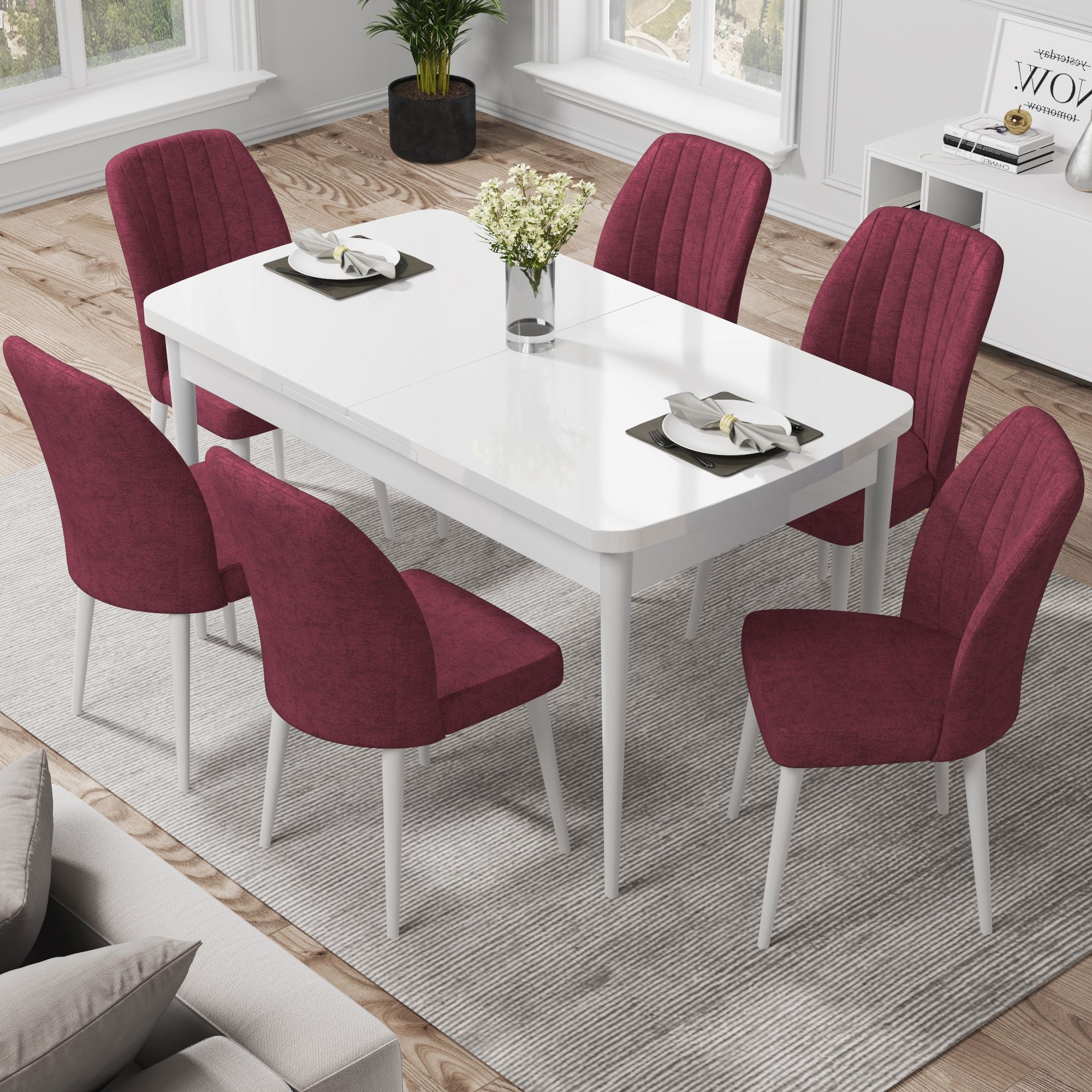 Par Serisi 70x114 Açılabilir Mdf Beyaz Masa Takımı ve 6 Sandalye