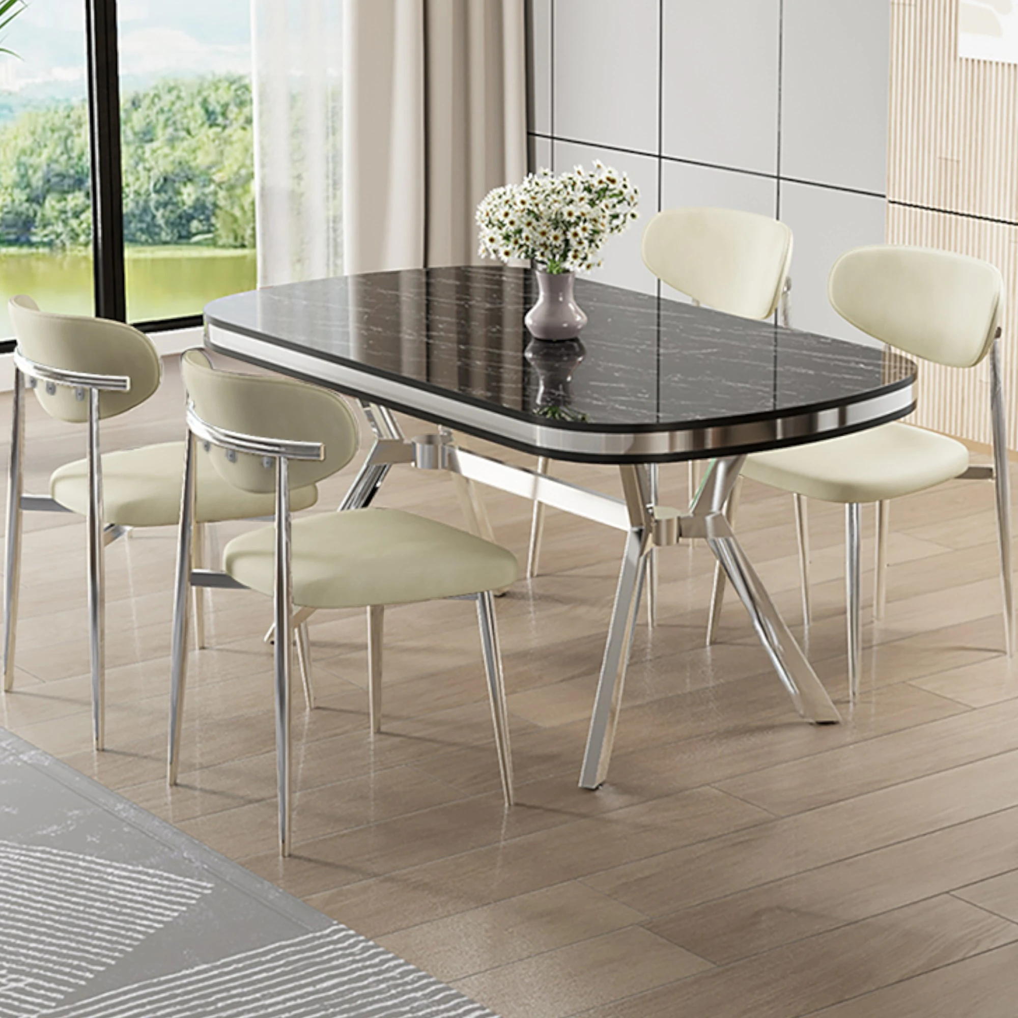 Sonata Masa Krem Sandalye Ayaklar Krom.