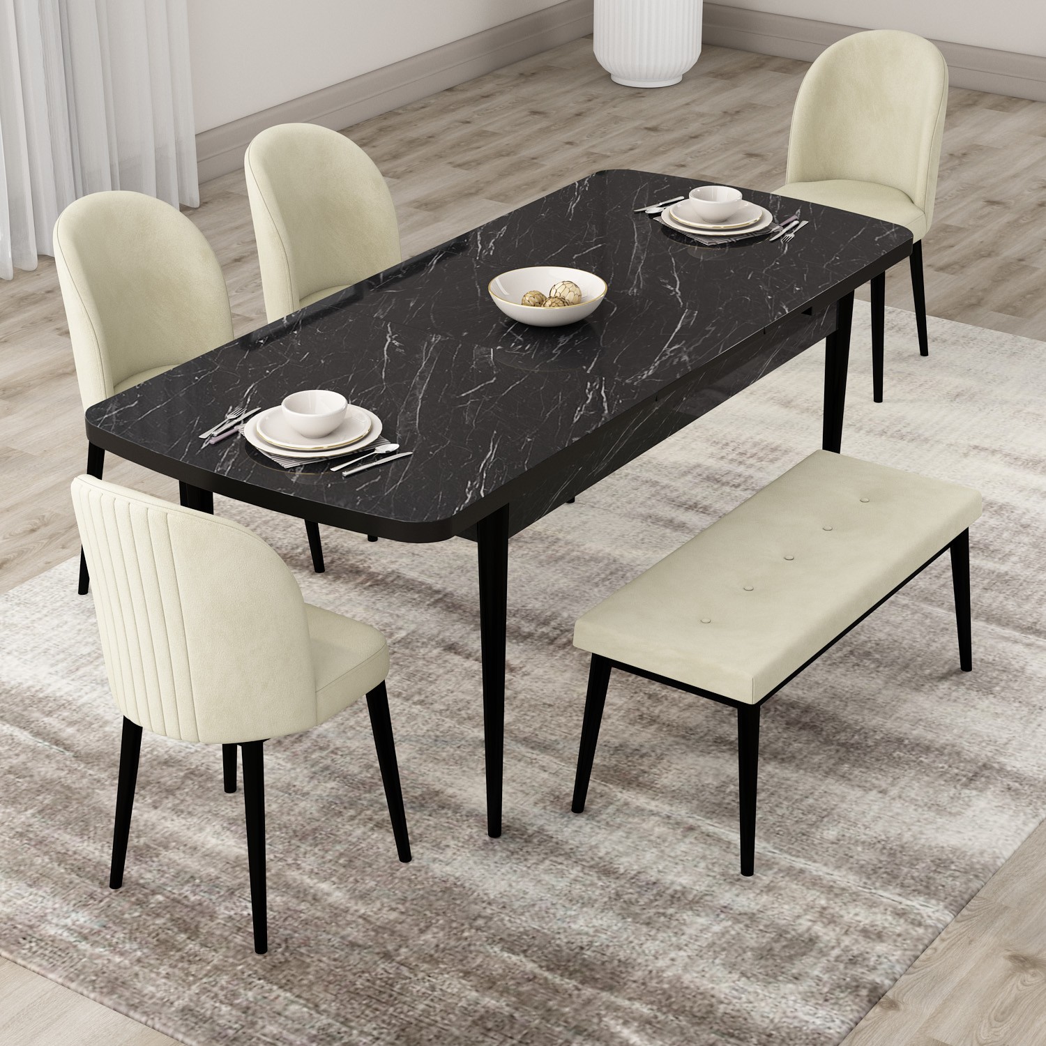 Roe Serisi 80x132 Açılabilir Siyah Mermer Desen Masa Takımı 4 Sandalye Ve 1 Bench