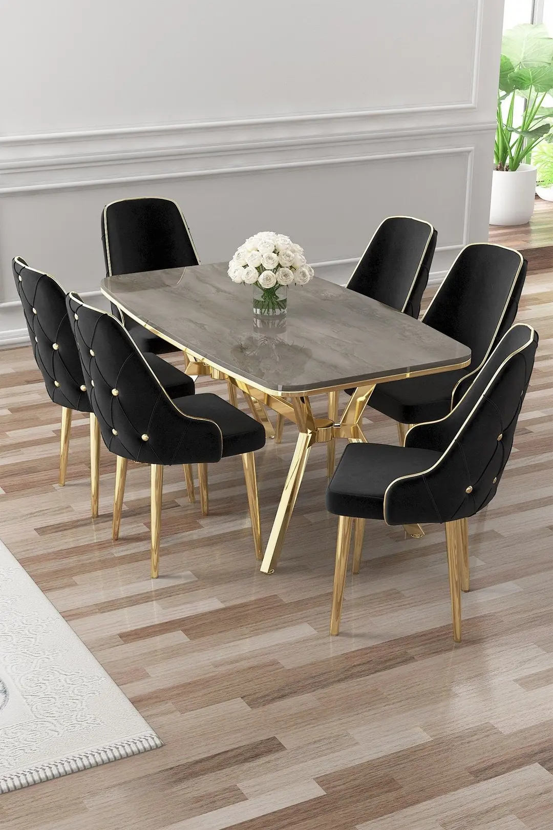 ayaページ Asel Serisi 90x160 Lak Panel Antrasit İroni Masa ve 6 Sandalye