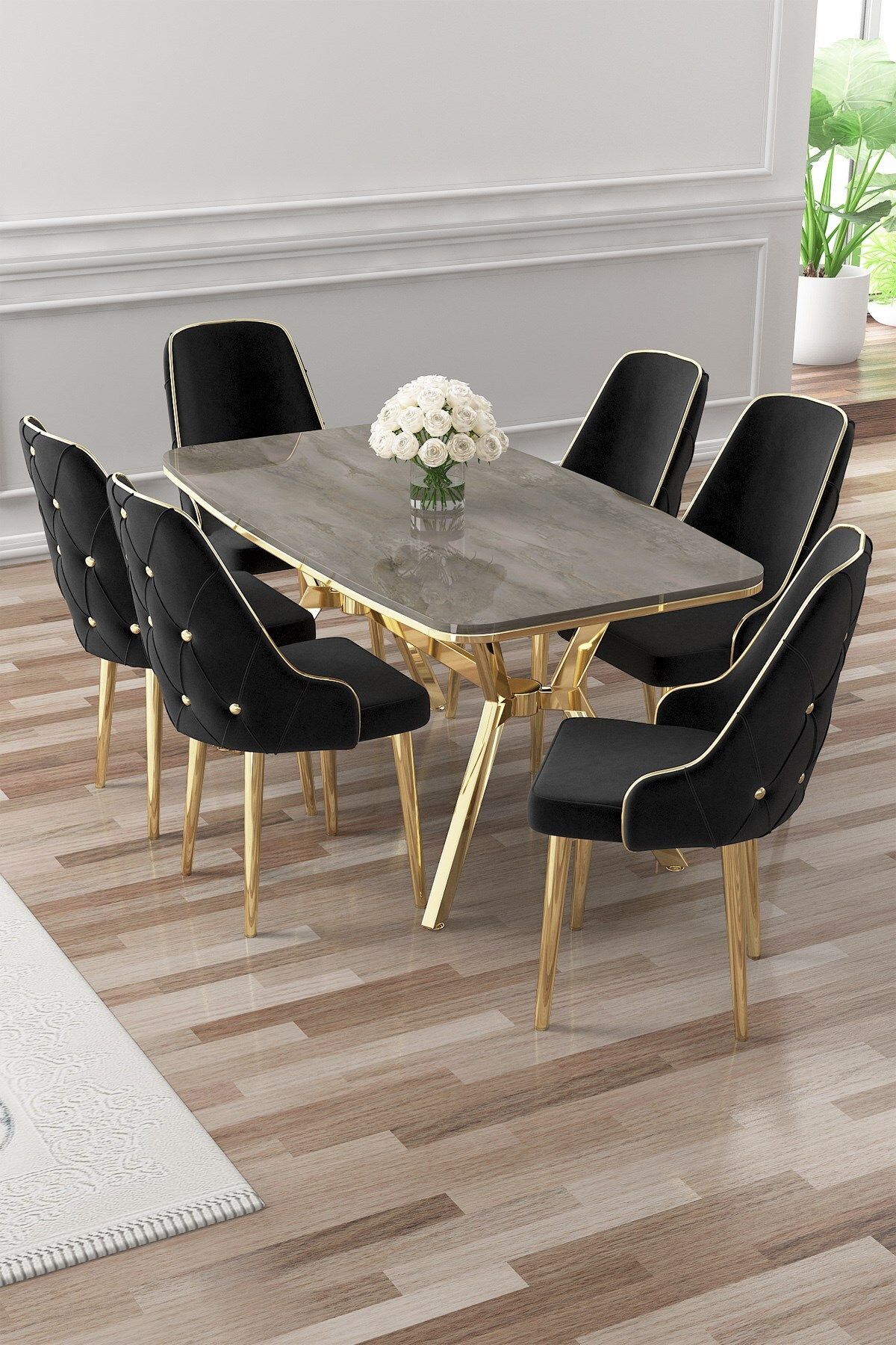 yumiページ 14畳AS716 Asel Serisi 90x160 Lak Panel Antrasit İroni Masa ve 6 Sandalye