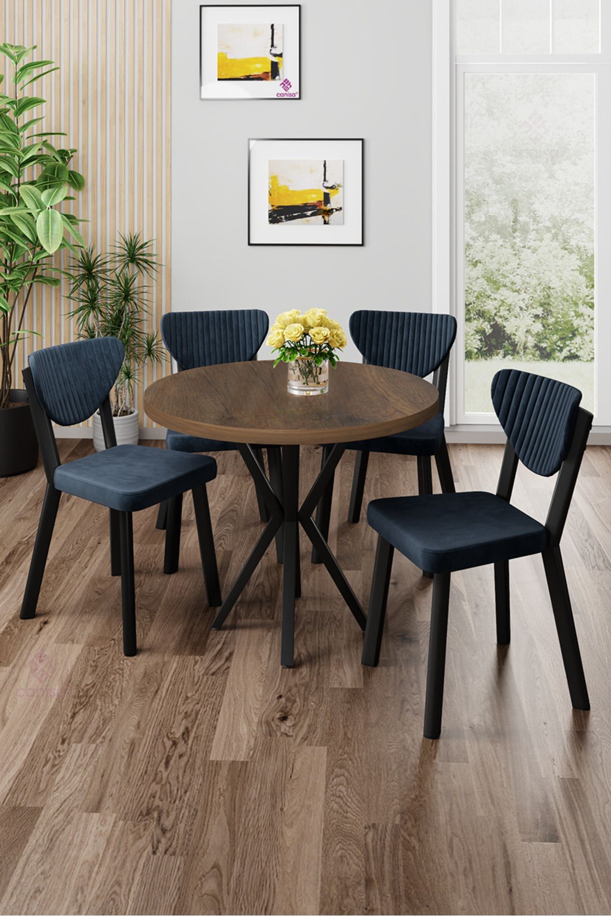 Agnes Serisi 90x90 Yuvarlak Barok Ahşap Desen Masa Takımı Ve 4 Sandalye