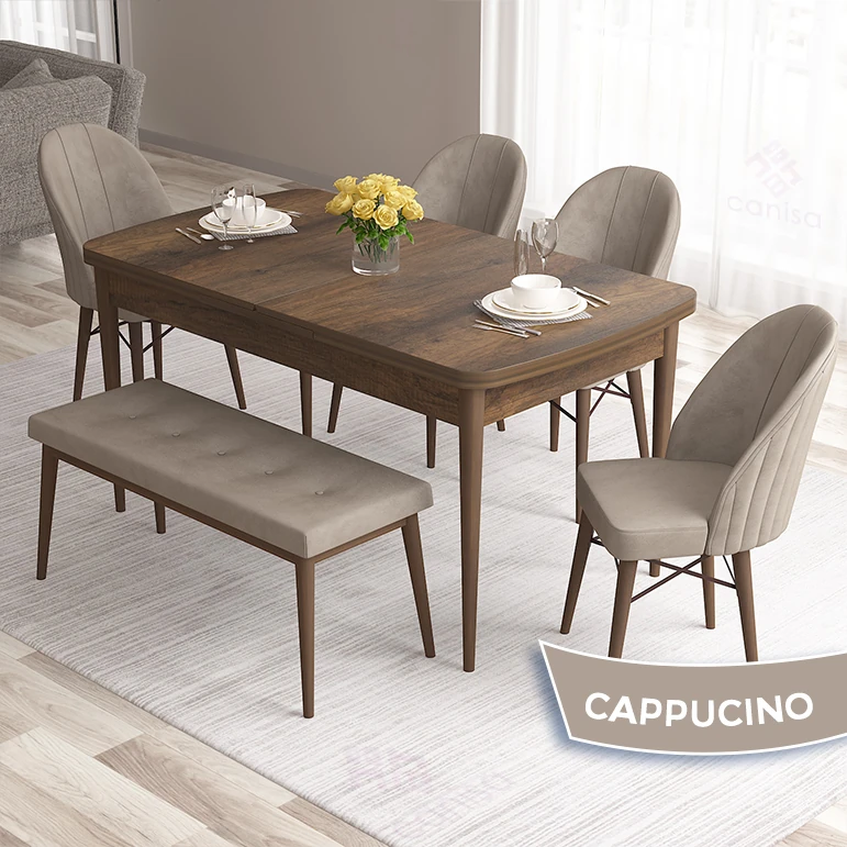 Roz Serisi 80x132 Mdf Açılabilir Gümüş Halka Barok Ahşap Desen Masa Takımı 4 Sandalye Ve 1 Bench