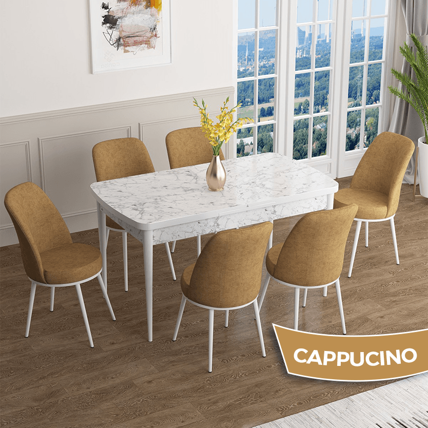 masa beyaz mermer desen sandalye cappucino