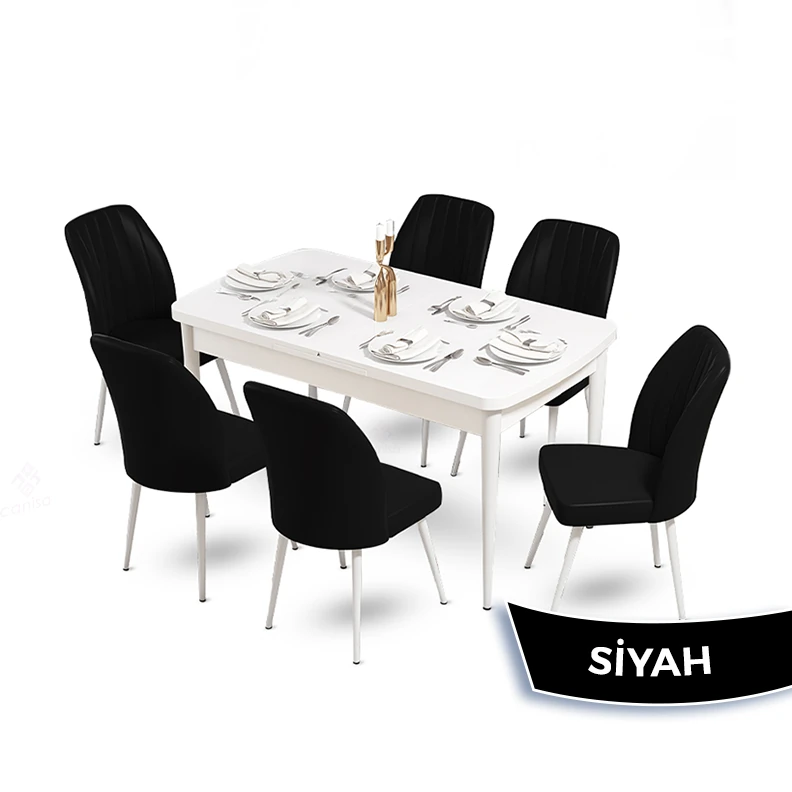 Mun Serisi 80x132 Açılabilir Mdf Beyaz Masa Takımı Ve 6 Sandalye