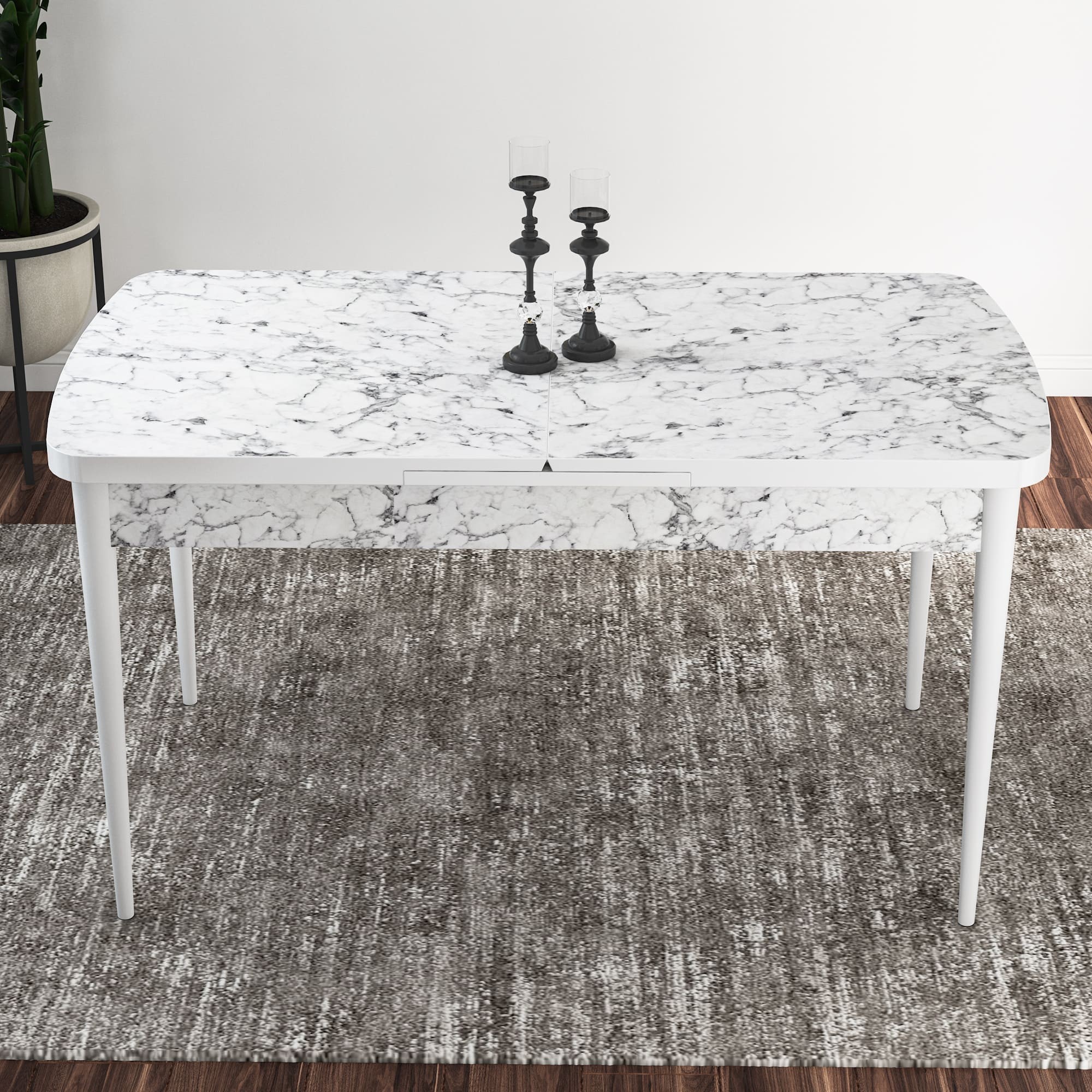 Kor Serisi 70x114 Beyaz Mermer Desen Mutfak Masası Takımı ve 6 Sandalye
