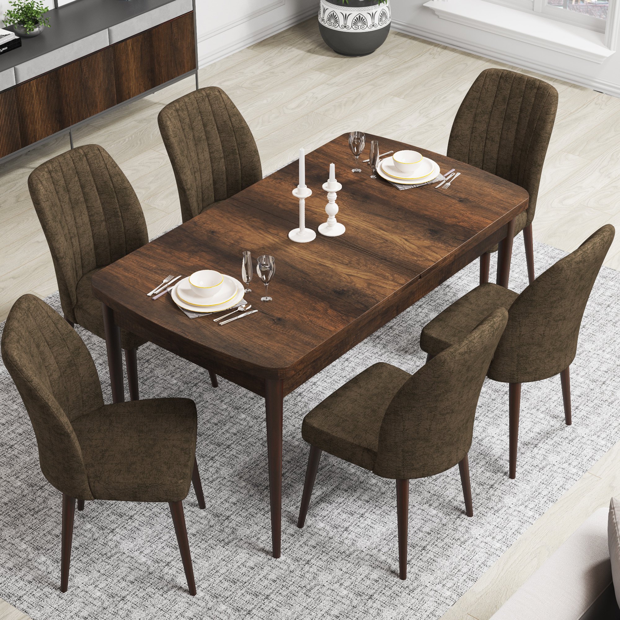 Rio Serisi 80x132 Mdf Açılabilir Barok Ahşap Desen Masa Takımı Ve 6 Sandalye