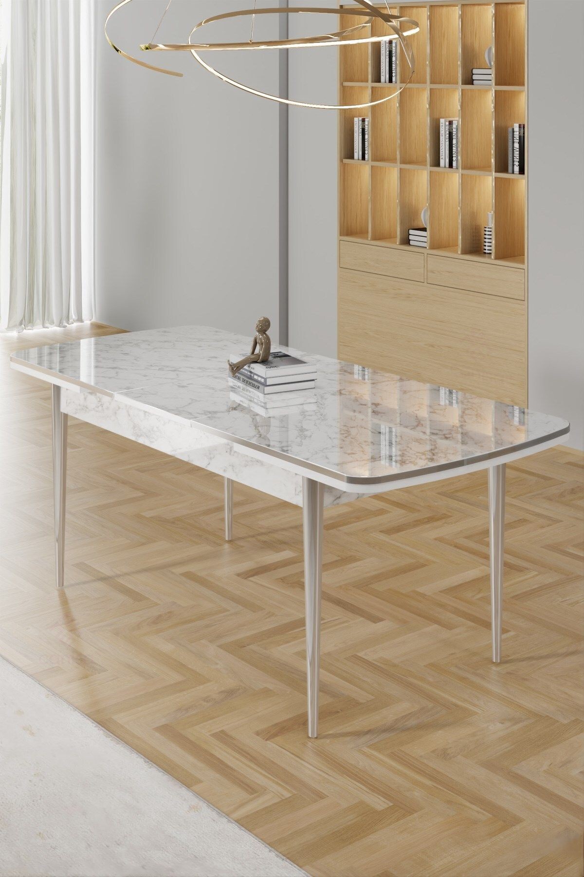 Rada Serisi 80x132 Açılabilir Lak Panel Beyaz Mermer Desen Masa ve 6 Sandalye Krom Kaplama Ayak