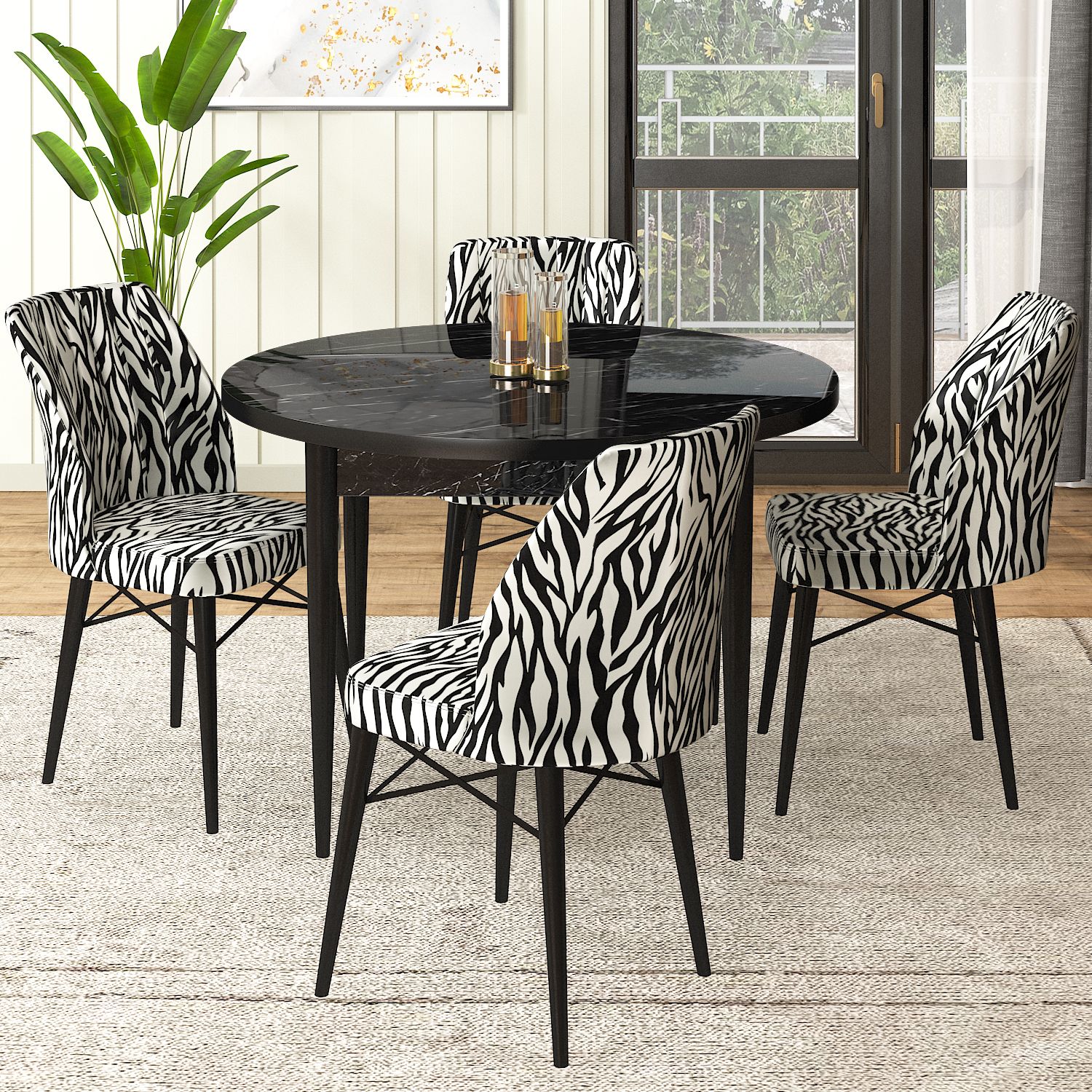 masa siyah mermer desen sandalyeler zebra desen