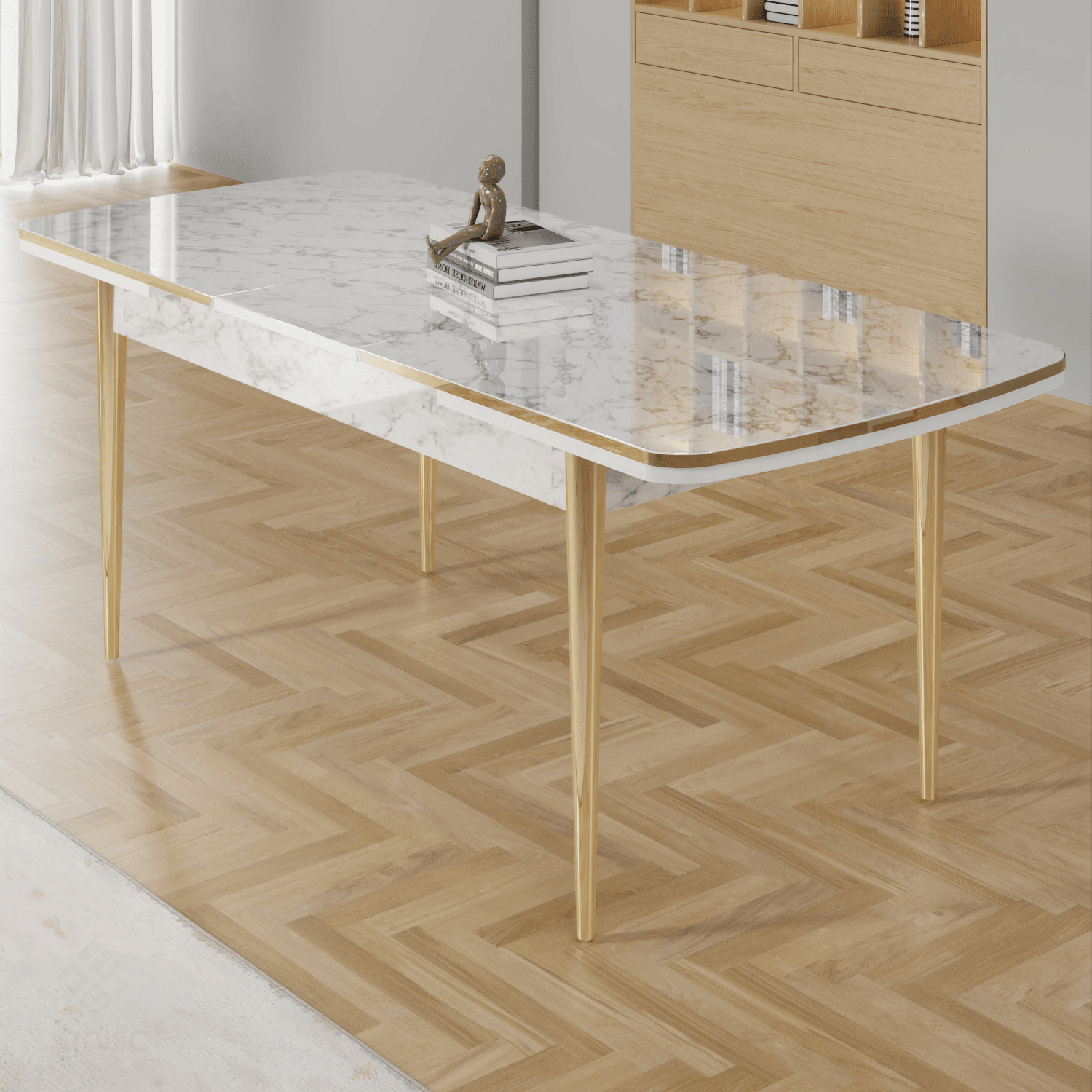 Rada Serisi 80x132 Açılabilir Lak Panel Beyaz Mermer Desen Masa 4 Sandalye Gold Detay