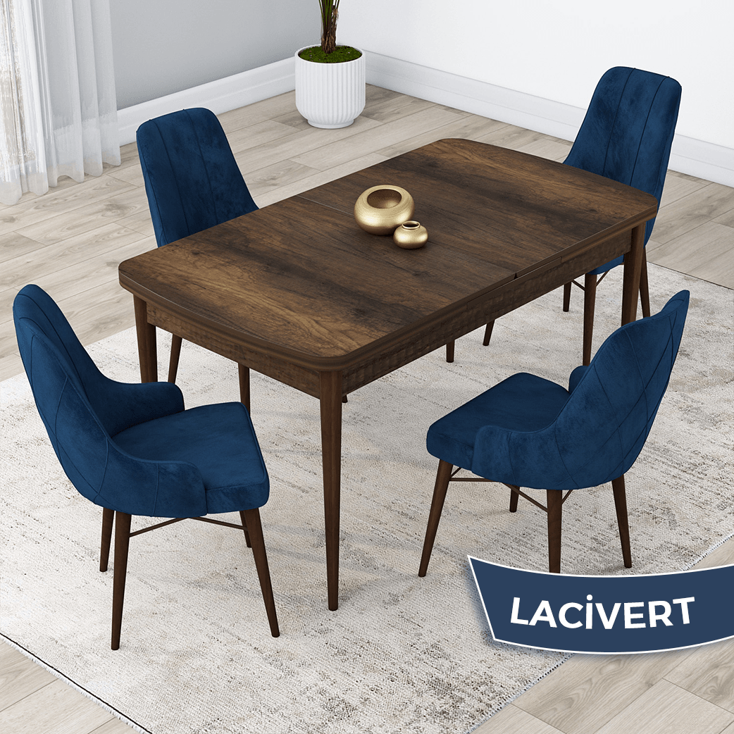 Lacivert Sandalye Barok Ahşap Desen Masa