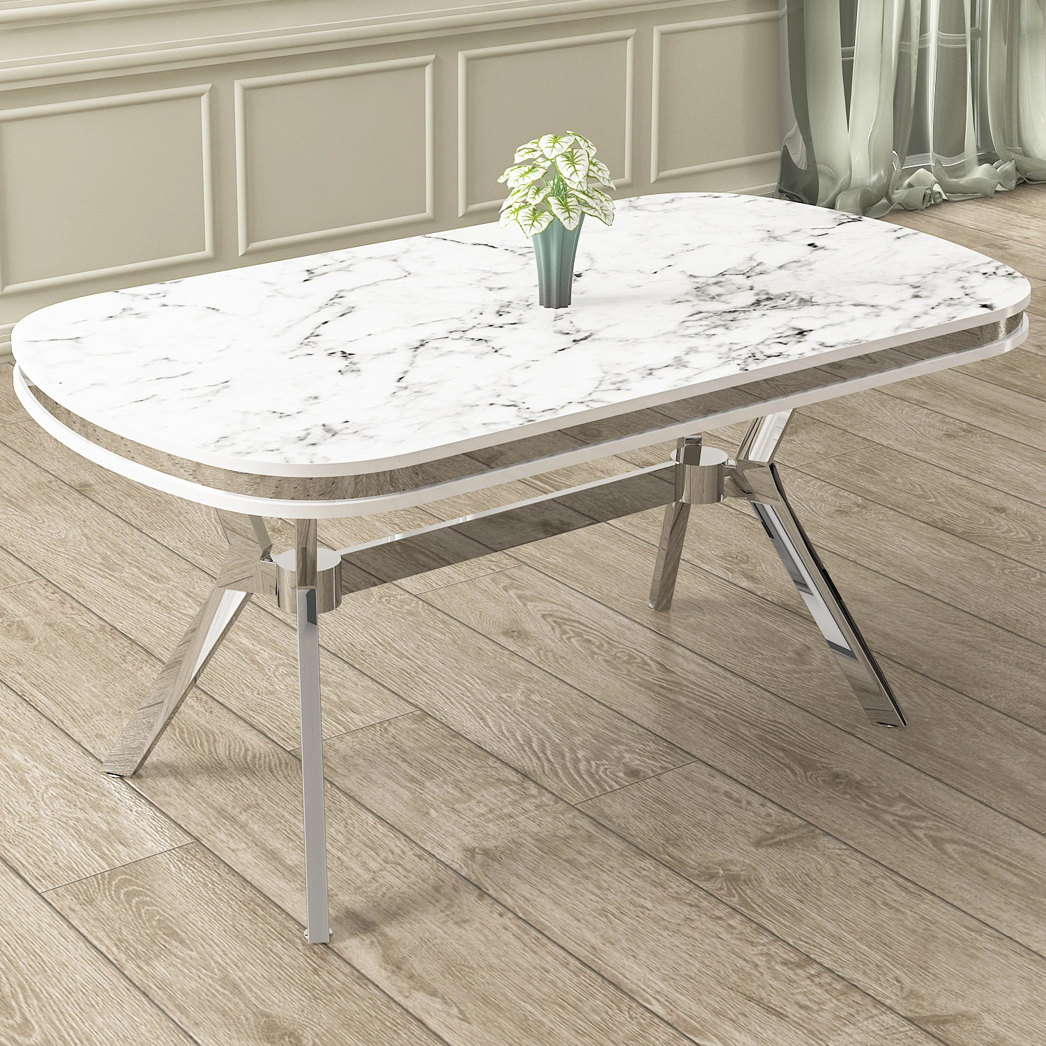 Olya Serisi 90x168 Lak Panel Beyaz Mermer Desen Masa Takımı Krom Ayaklı 4 Sandalye