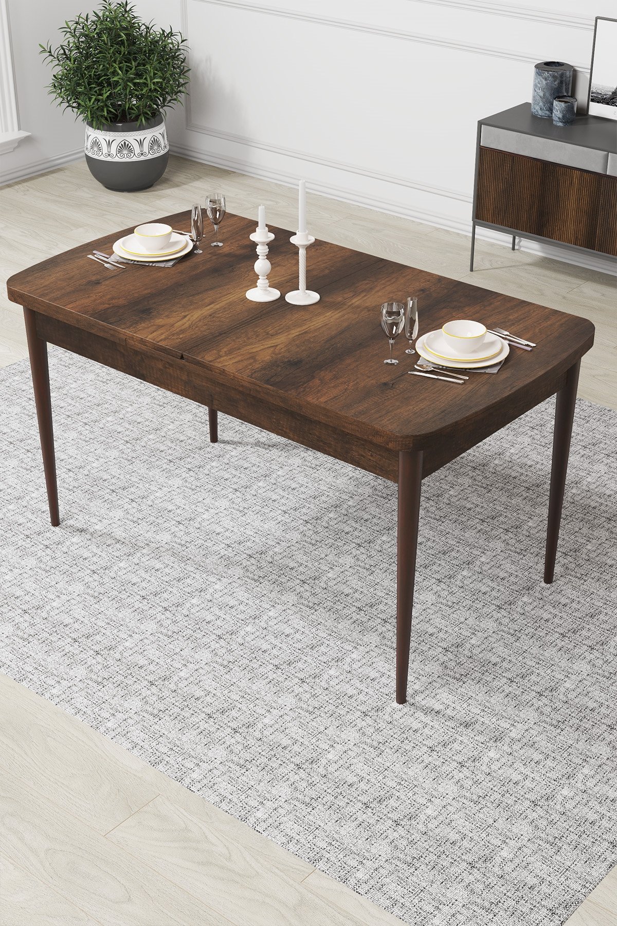 Par Serisi 70x114 Açılabilir Mdf Barok Ahşap Desen Masa Takımı ve 4 Sandalye