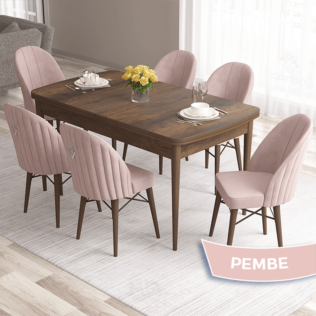 Roz Serisi 80x132 Mdf Açılabilir Gümüş Halka Barok Ahşap Desen Masa Takımı Ve 6 Sandalye