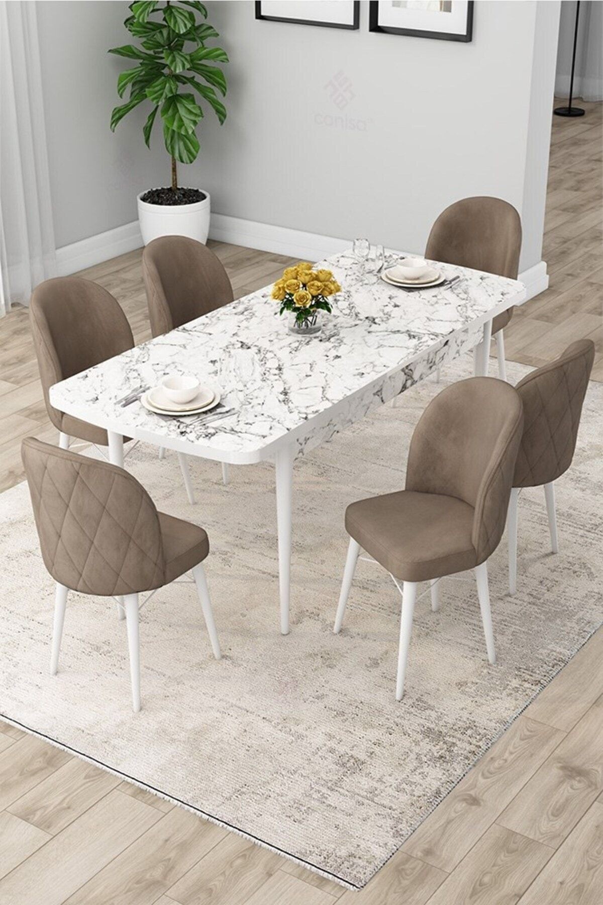 Rut Serisi 80x132 Açılabilir Beyaz Mermer Desen Masa Takımı Ve 6 Sandalye