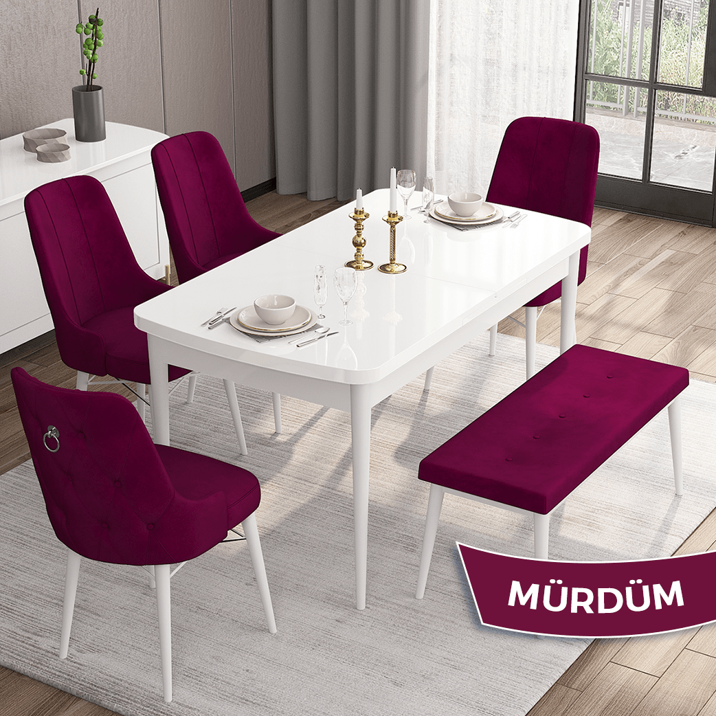 masa beyaz sandalyeler ve bench pembe