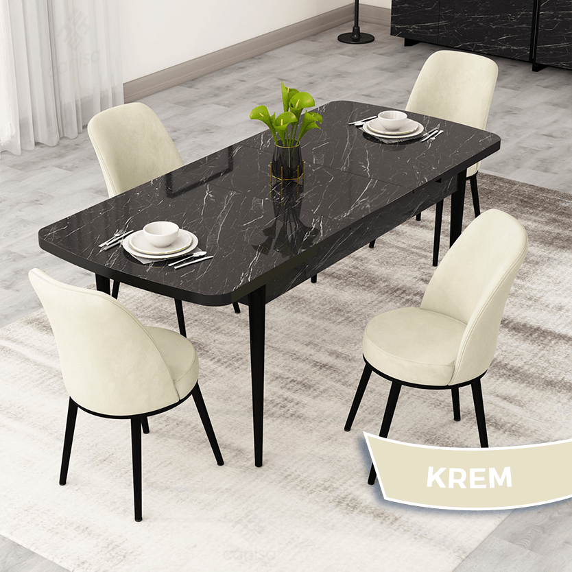 Nix Serisi 70x114 Açılabilir Siyah Mermer Desen Mutfak Masası Takımı Ve 4 Sandalye