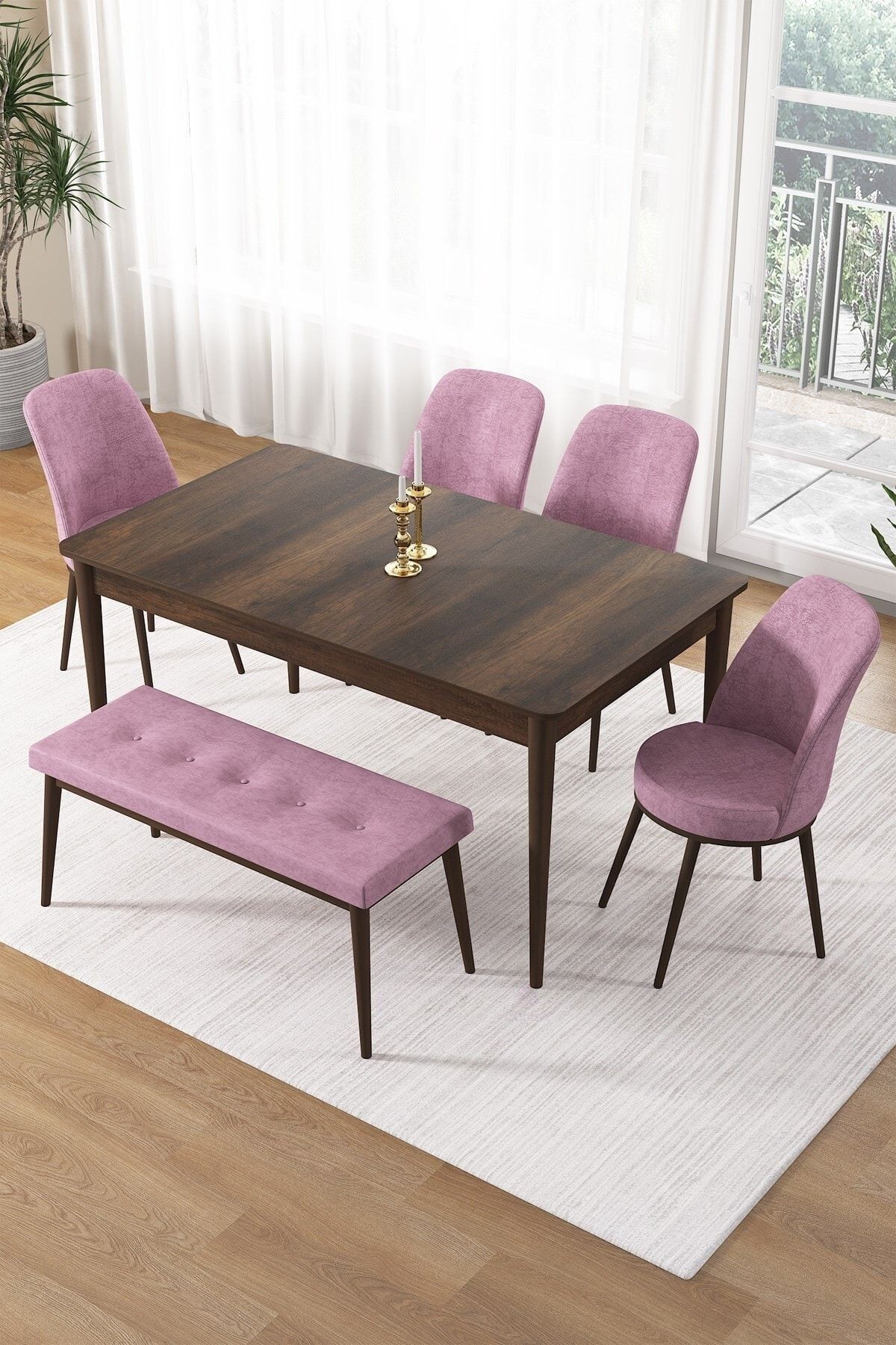 masa barok sandalye ve bench pembe ayak kahve