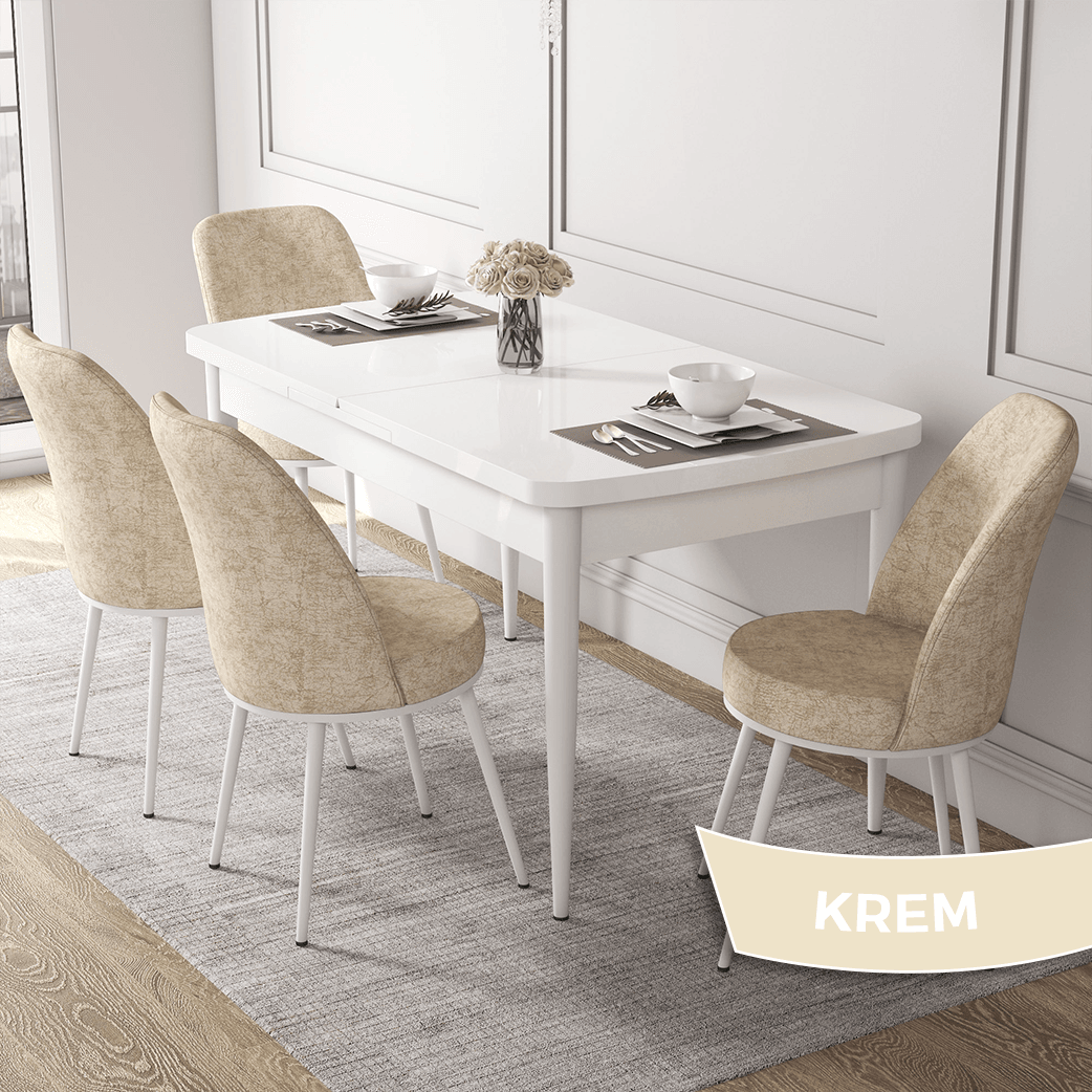Kor Serisi 70x114 Açılabilir Beyaz Mutfak Masası Takımı Ve 4 Sandalye