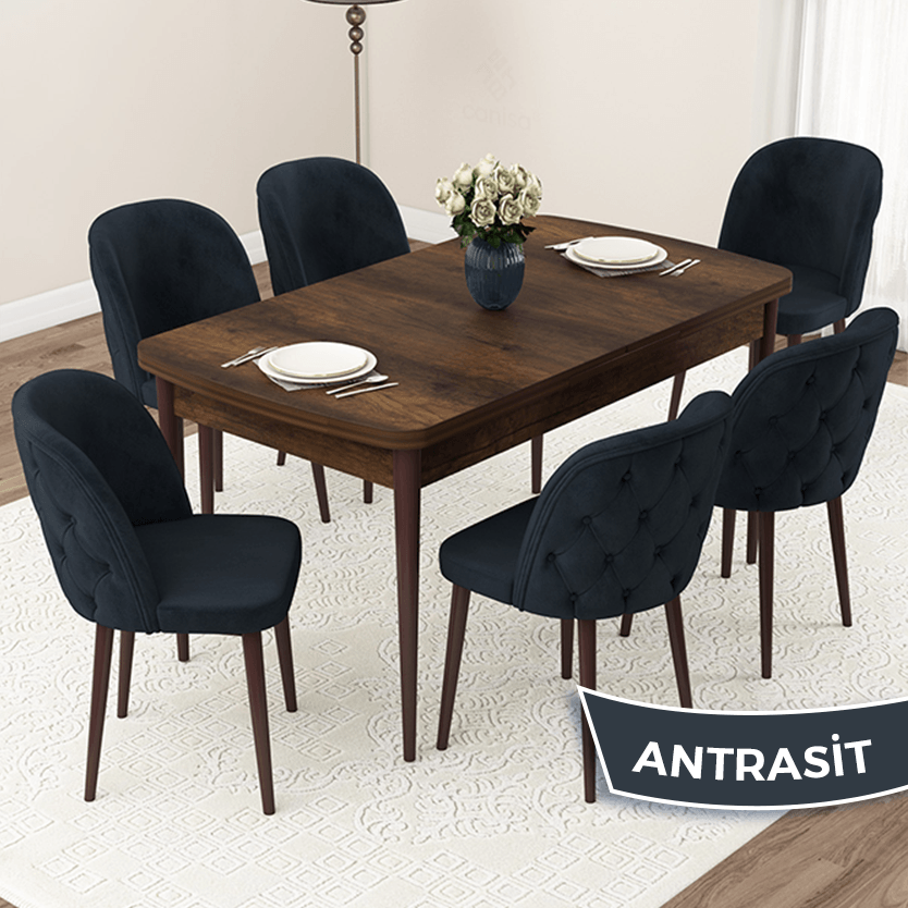 Jae Serisi 80x132 Açılabilir Barok Ahşap Desen Masa Takımı Ve 6 Sandalye