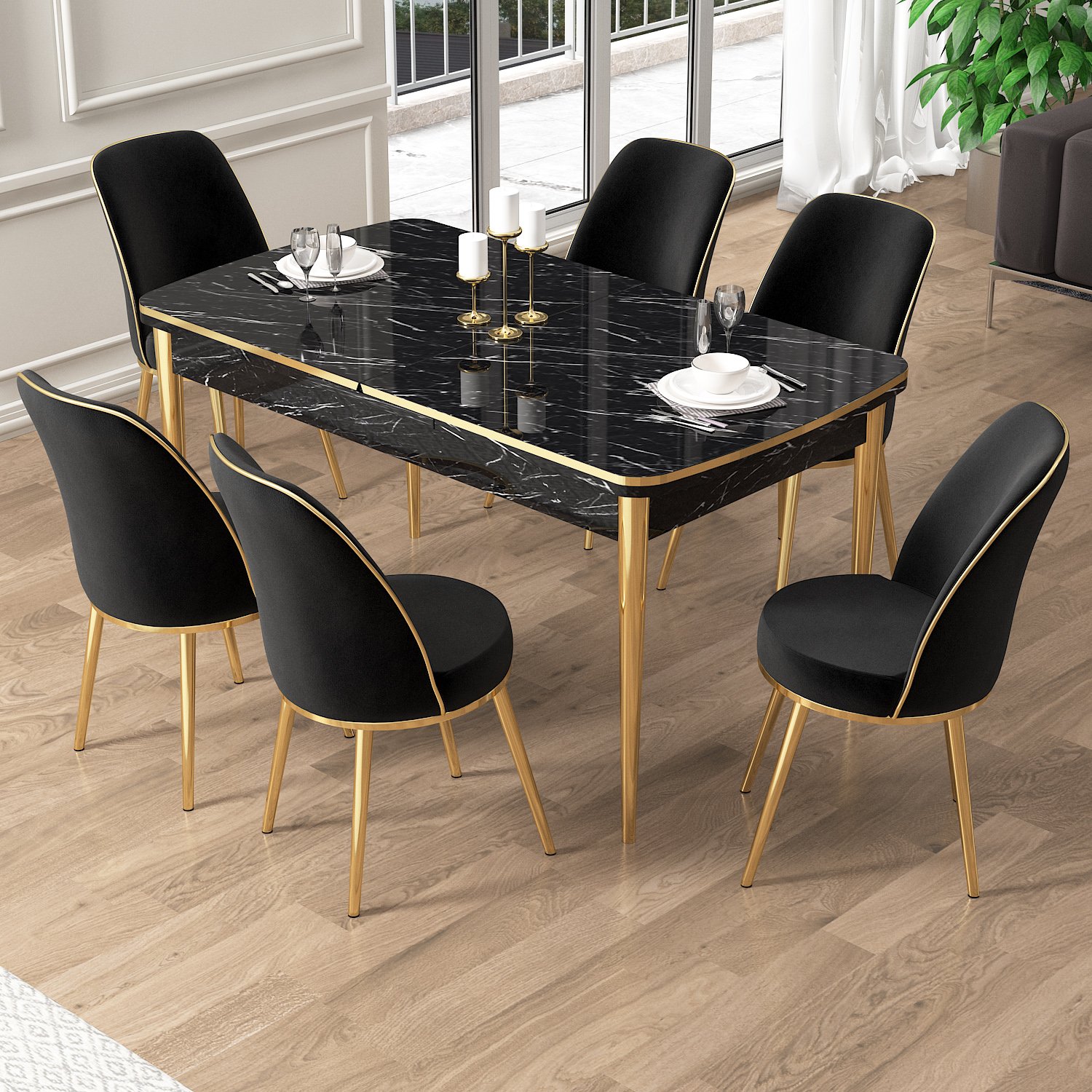 Pale Serisi 80x132 Açılabilir Siyah Mermer Desen Gold Detay Masa Takımı ve 6 Sandalye