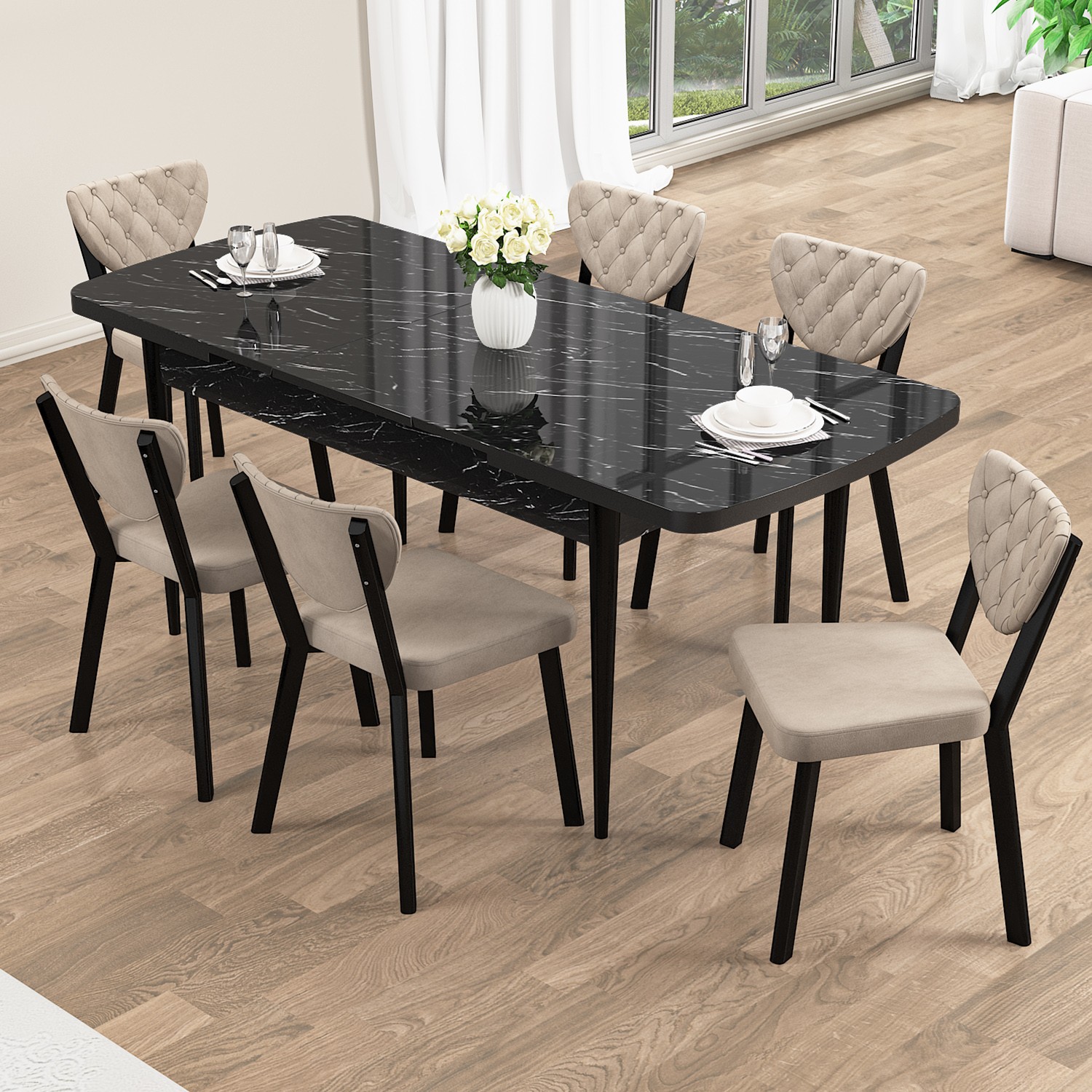 Rim Serisi 80x132 Açılabilir Siyah Mermer Desen Mutfak Masası Takımı Ve 6 Sandalye