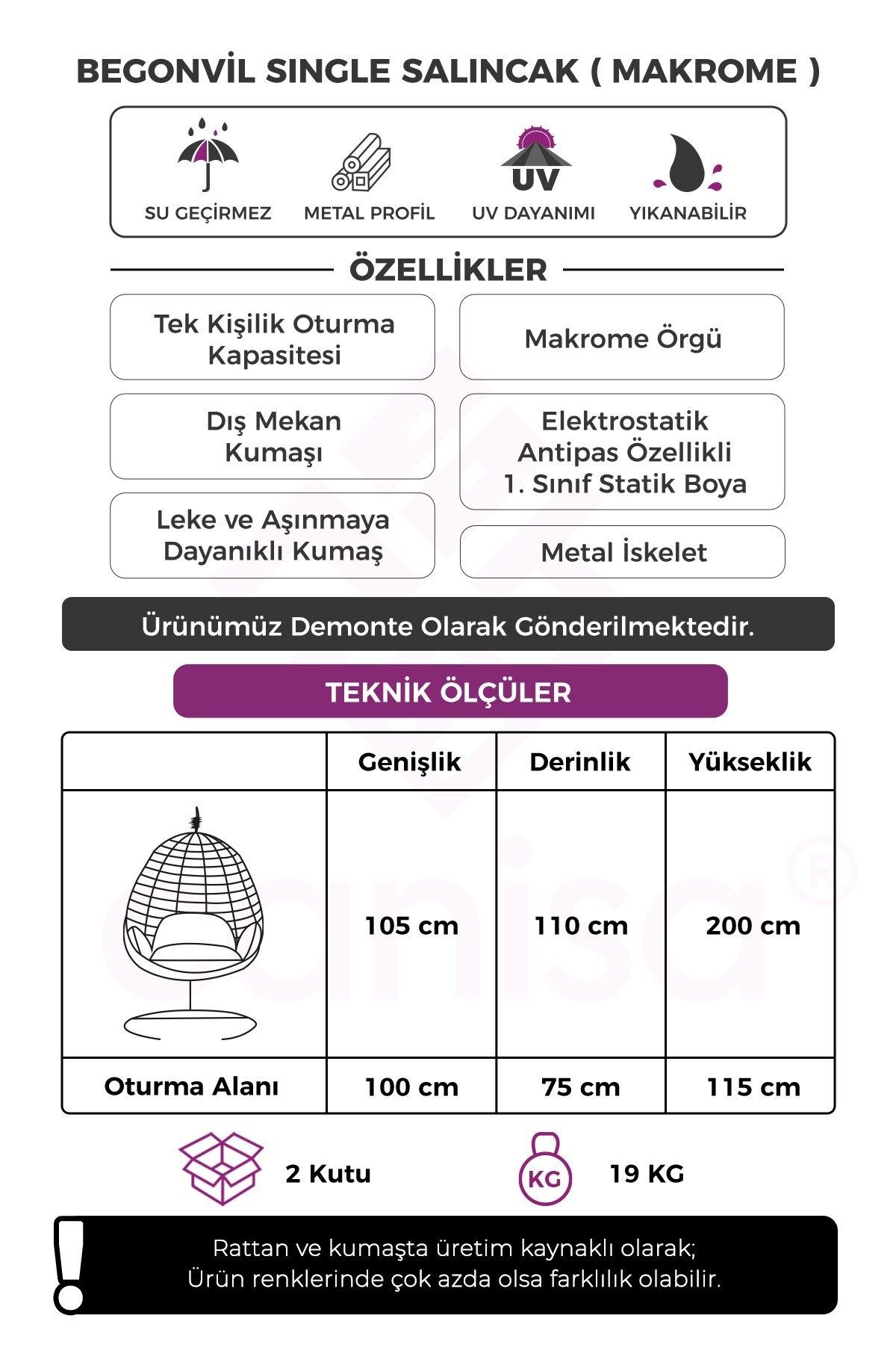 Begonvil Serisi Tekli Gri Makrome Örgü Krem Minder Salıncak