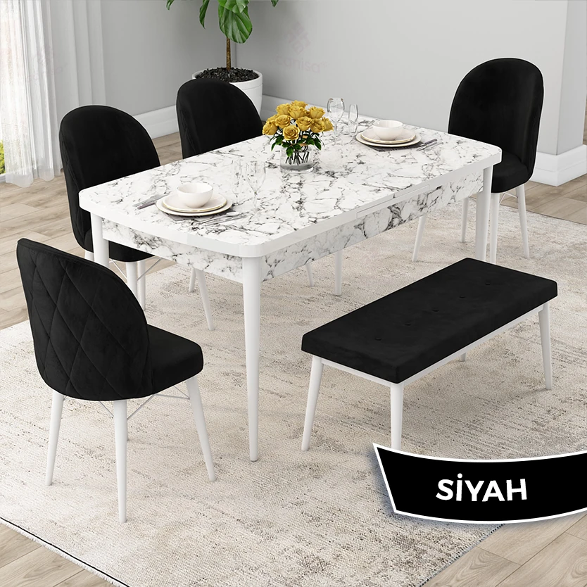 Sandalye Siyah Masa Beyaz Mermer Desen Masa