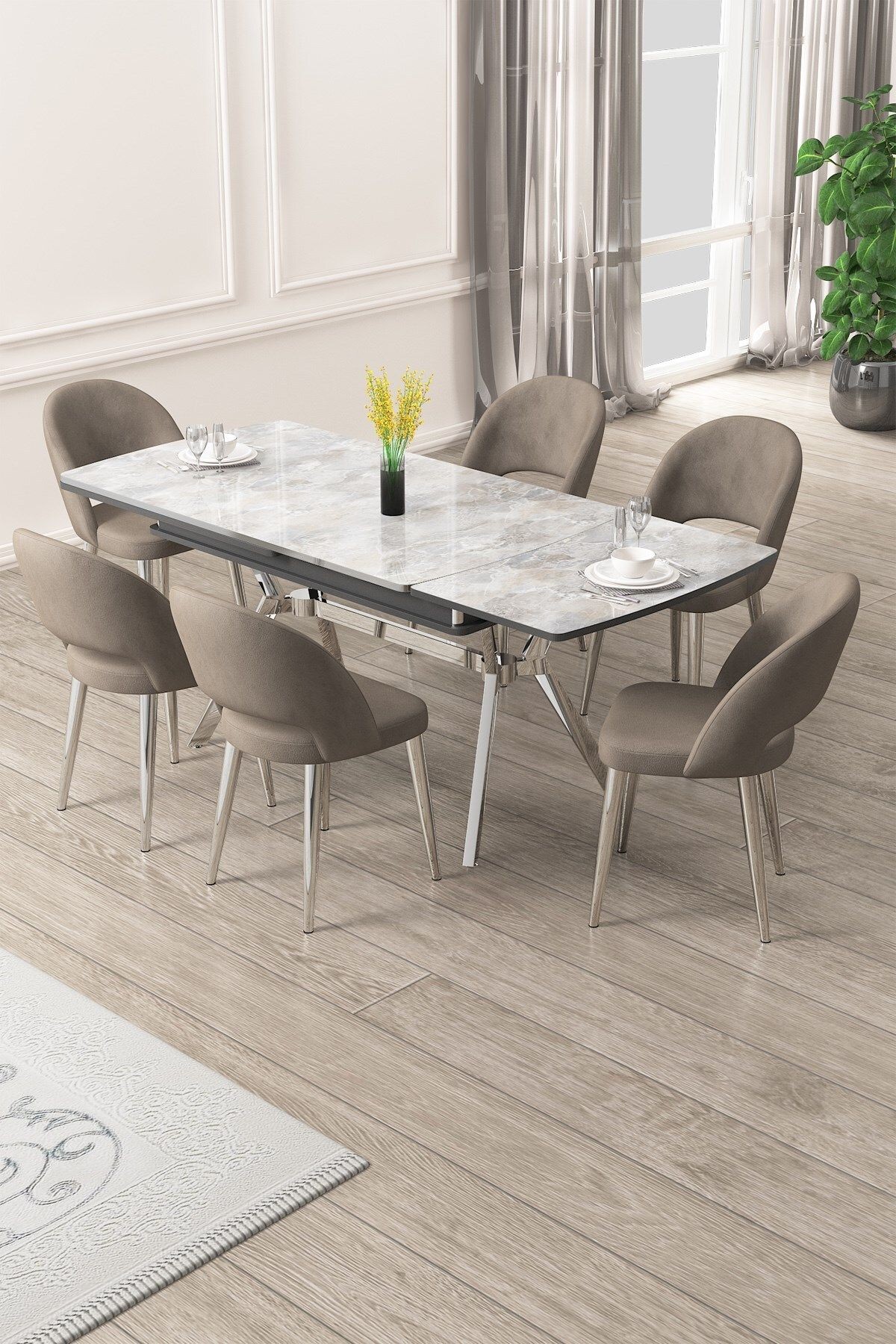 Weps Serisi 89x150 Açılabilir Lak Panel Rampla Gri Krom Ayak Masa Takımı ve 6 Sandalye