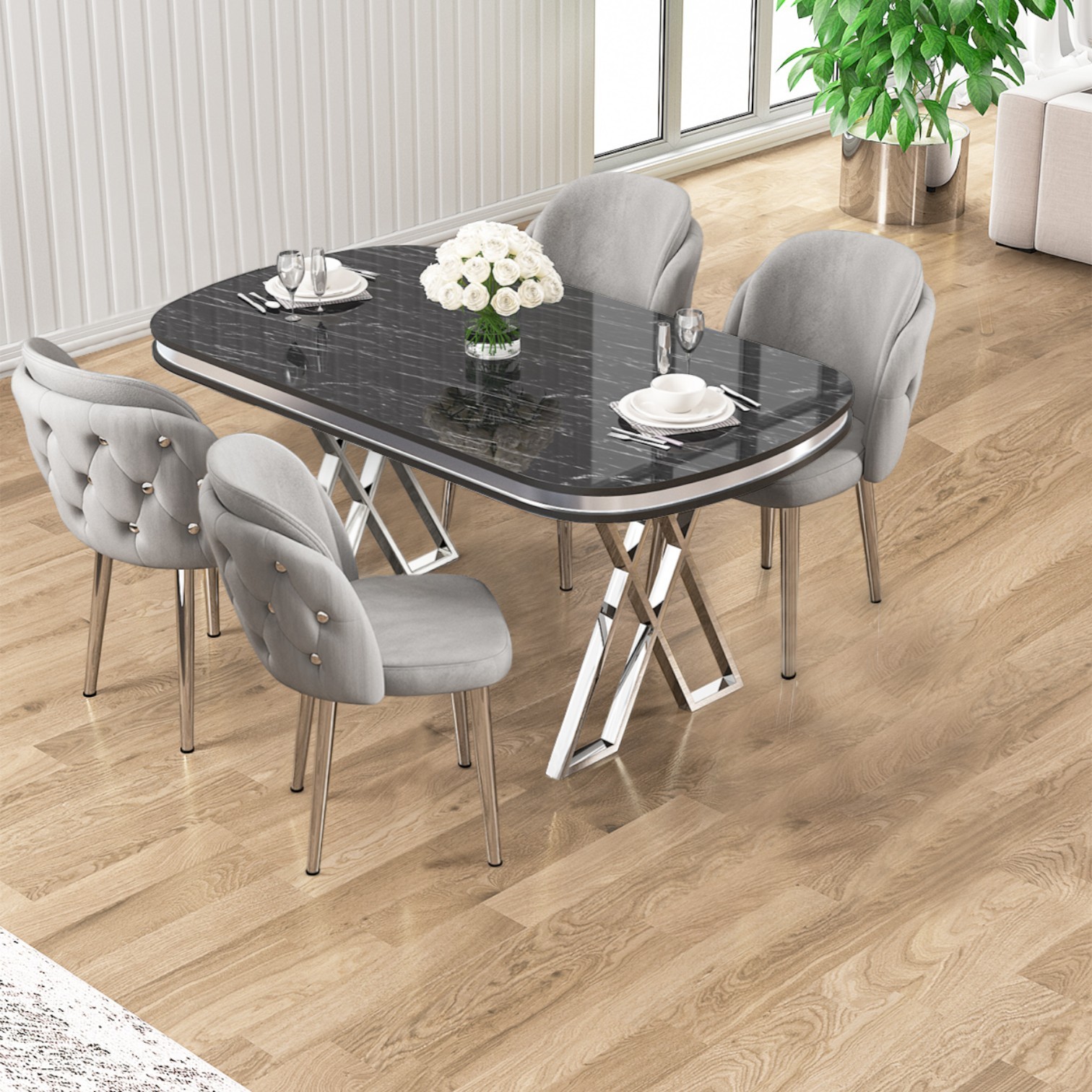 Zae Serisi 90x168 Lak Panel Siyah Mermer Desen Krom Ayak Masa Takımı 4 Sandalye